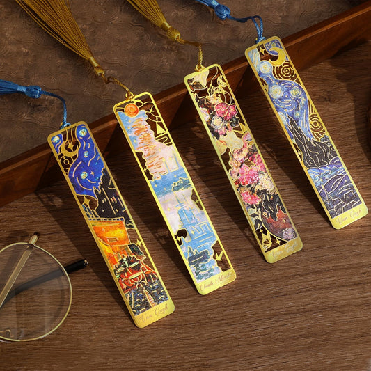 4 Pieces Bookmarks with Tassel, Golden Hollow Metal Bookmark Monet Oil Painting Theme Book Mark for Women Book Lovers Writers Readers Children Teenage Girls, (Starry Sky Style)