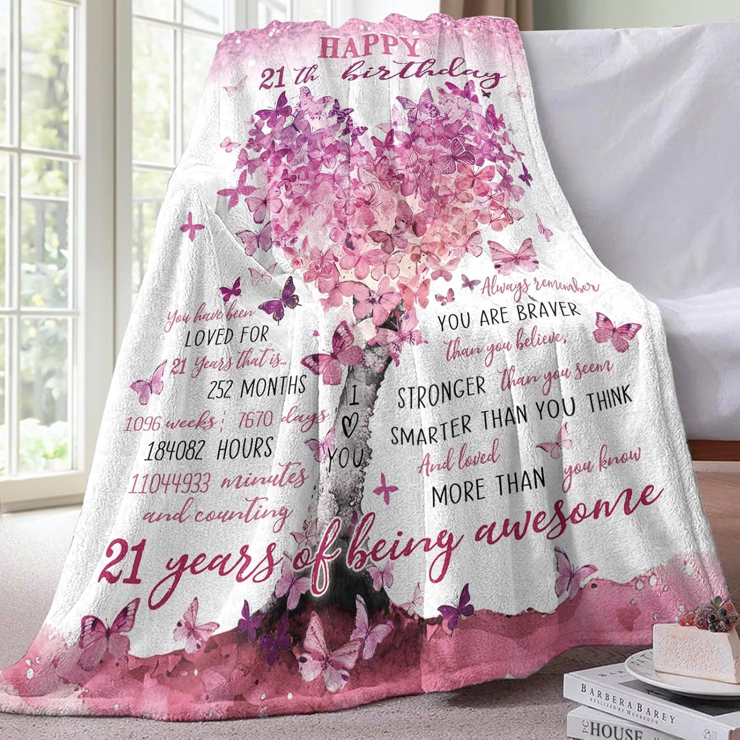 Happy 21th Birthday Gifts for Girls Flannel Throw Blanket, 21 Year Old Birthday Gift Ideas, Pink Love Heart Tree Present for Women Daughter, Girly Bday Soft Bedding Sofa Blankets 50'' x 60''