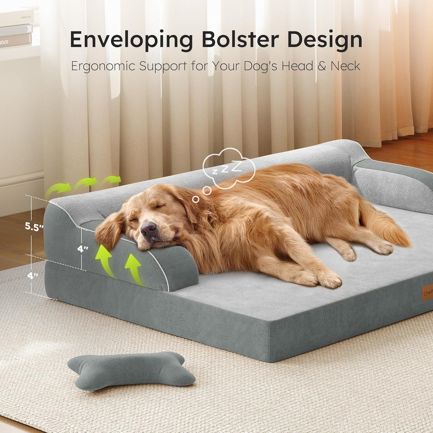 XL Orthopedic Dog Bed, Extra Large Dog Bed, Dual-Sided Pet Cooling Beds with Memory Foam Washable Cover Nonslip Bottom, Waterproof XLarge Pet Couch Beds with Bolsters, Light Grey
