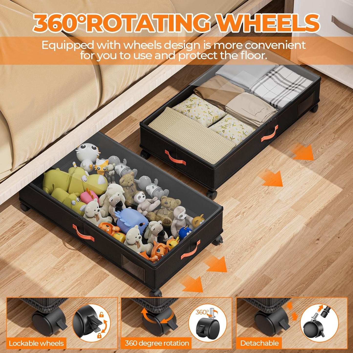 Under Bed Storage with Wheels,2-Pack Under Bed Storage Containers with Clear Lids,XXL Large Under the Bed Storage Organizer Bins With Handles,Space Saving Design for Clothes,Shoes,Books-Black