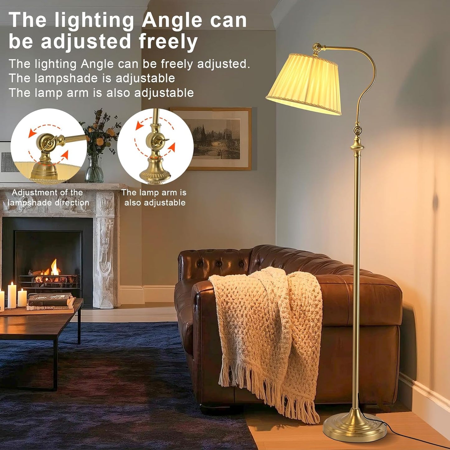 Gold Brass Floor Lamp with Fabric Shade,12W Smart Remote and Bluetooth Dimmable, Standing Lamps for Living Room Bedroom Farmhouse Office,Mid Century Rustic Vintage Antique Boho Tall Reading Light