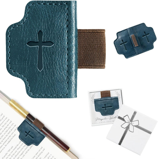 BygoneMark Magnetic Leather Bookmark with Pen Holder, Personalized Custom Initial Page Marker & Pen Clip, Professional Book Accessory for Students (Blue-Cross)