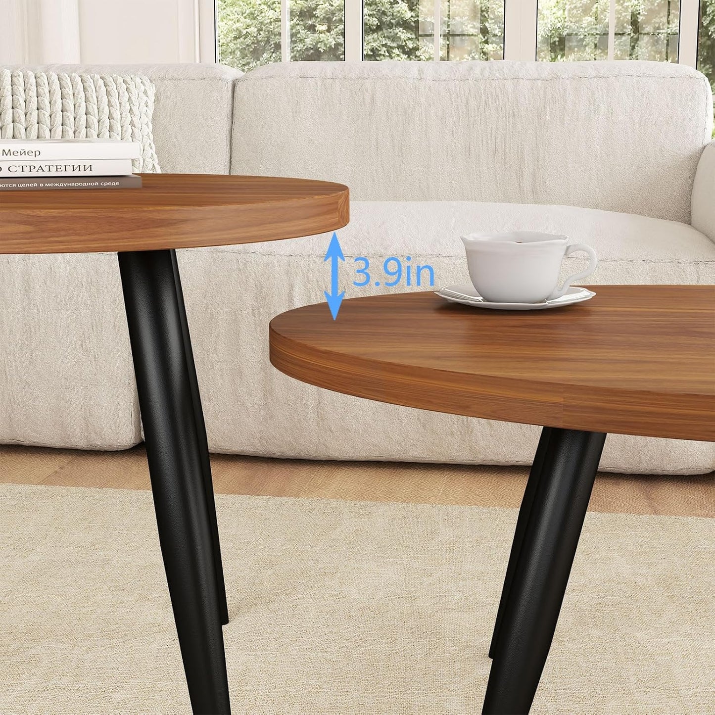 2-Piece Nesting Coffee Table Set, Oval & Round Mid-Century Modern Side Tables with MDF Tabletop & Metal Tapered Legs, Accent Table Set for Living Room, Small Spaces (Walnut)