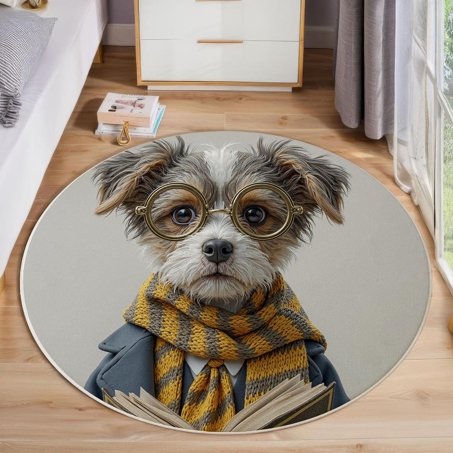 Modern Round Area Rug for Living Room, 6Ft Washable Round Rug Beige Retro Glasses Puppy Circle Rugs for Dining Room Table, Realistic Animal Style Small Circular Floor Carpet for Bedroom