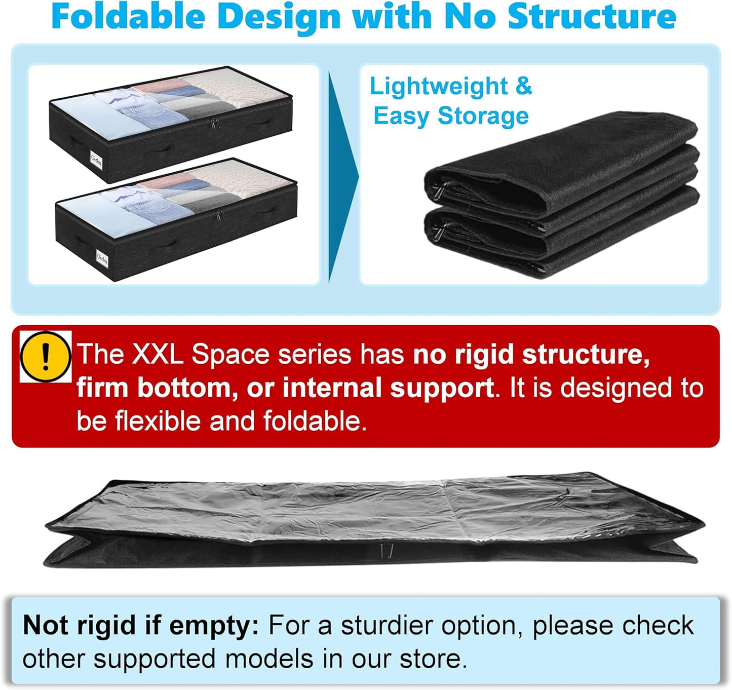 2 Pack 100L Under Bed Storage Containers, Low Profile Closet Organizers and Storage Bins for Dorm, Foldable Underbed Bag for Clothes, Blanket, Sheet, Wrapping Paper, Clear Window & Dual Zippers, Black