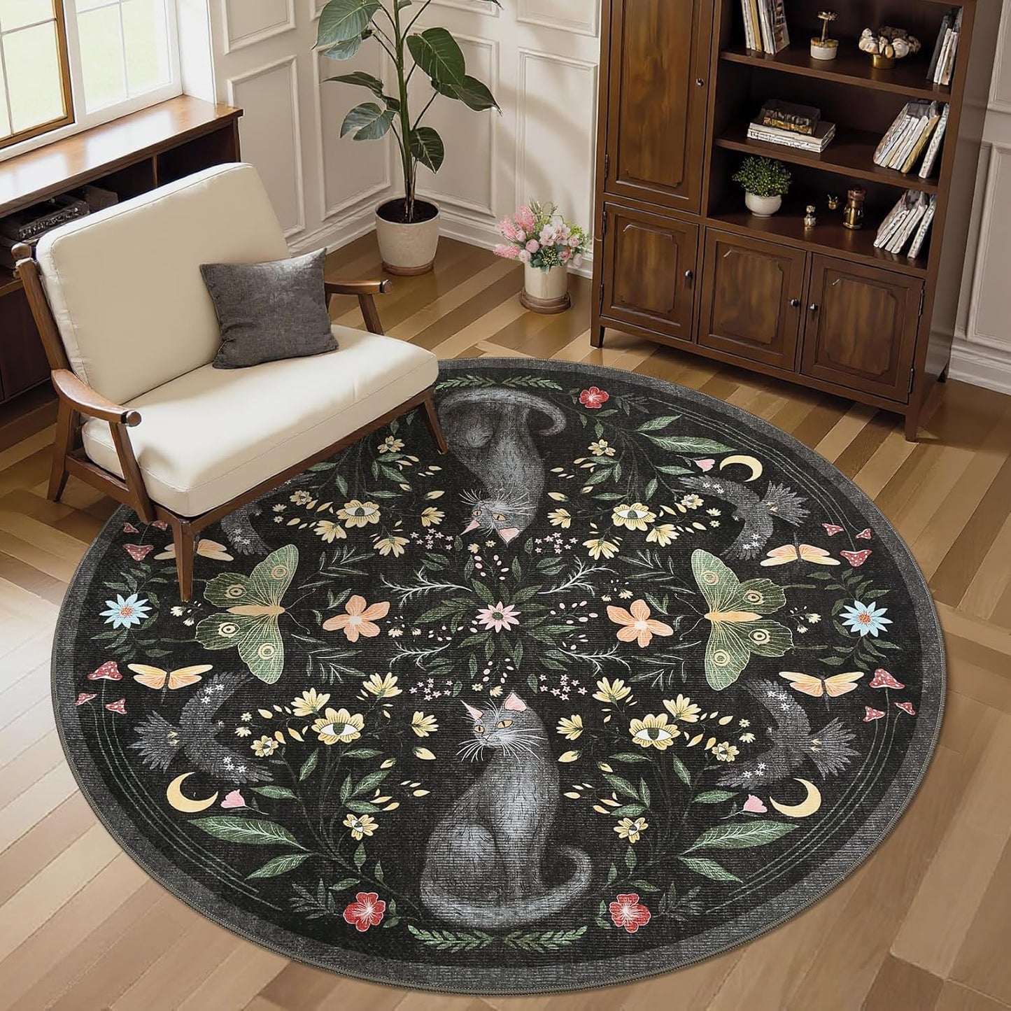 GarveeHome Round Area Rugs 5ft for Bedroom, Cat Black Washable Circle Rug Soft Non Slip Mushroom Floral Floor Mat Carpet Indoor Thin Rug for Bedroom Dining Room Playroom Nursery Gothic Decor