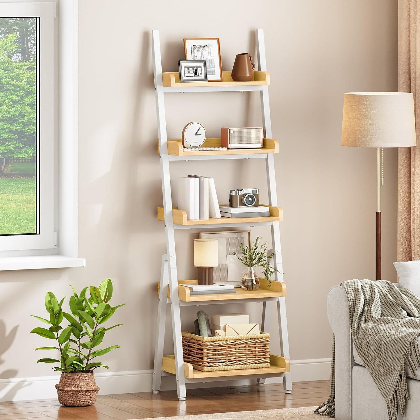HOOBRO Small Bookcase, Ladder Shelf, 5-Tier Wall-Leaning Shelf, Freestanding Storage Rack, Display Stand, for Living Room, Home Office, Balcony, Bedroom, White and Natural WN151CJ01