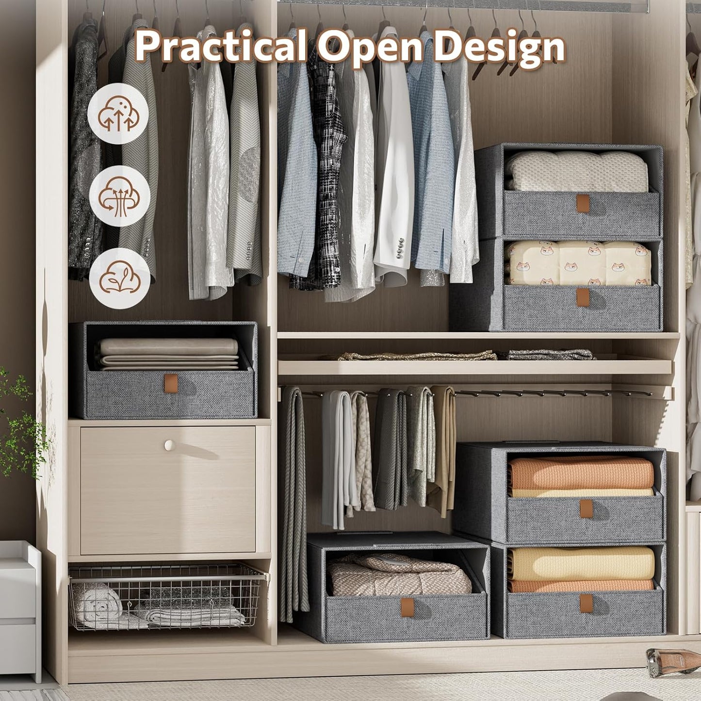 4-Pack Storage Bins with Drawers Large Closet Organizers and Storage Stackable Fabric Clothes Storage Box Collapsible Closet Drawers Organizer for Bedroom Living Room Under Bed (Deep Grey, 21L*4)
