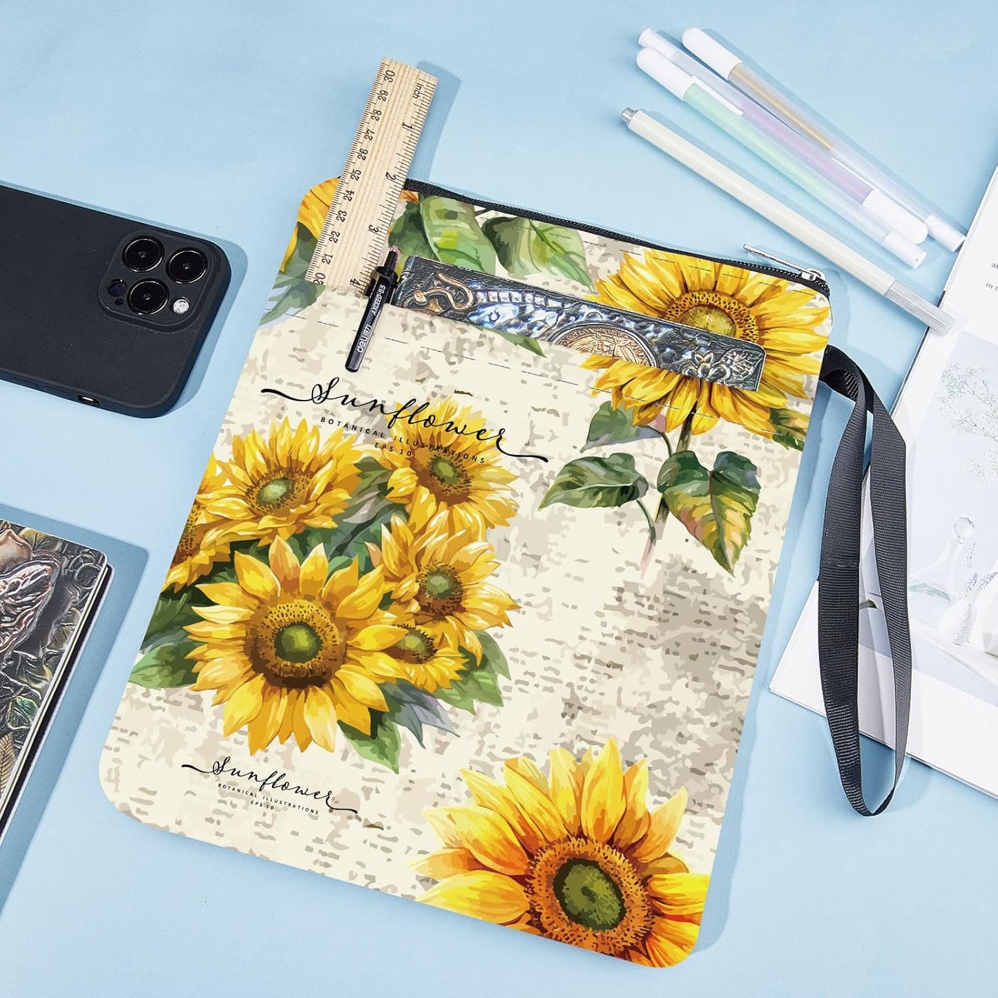 CRASPIRE Sunflower Book Sleeve with Zipper, Canvas, Floral Pattern, Book Cover for Hardcover, Paperbacks, Soft Books, Multi-function Pouch