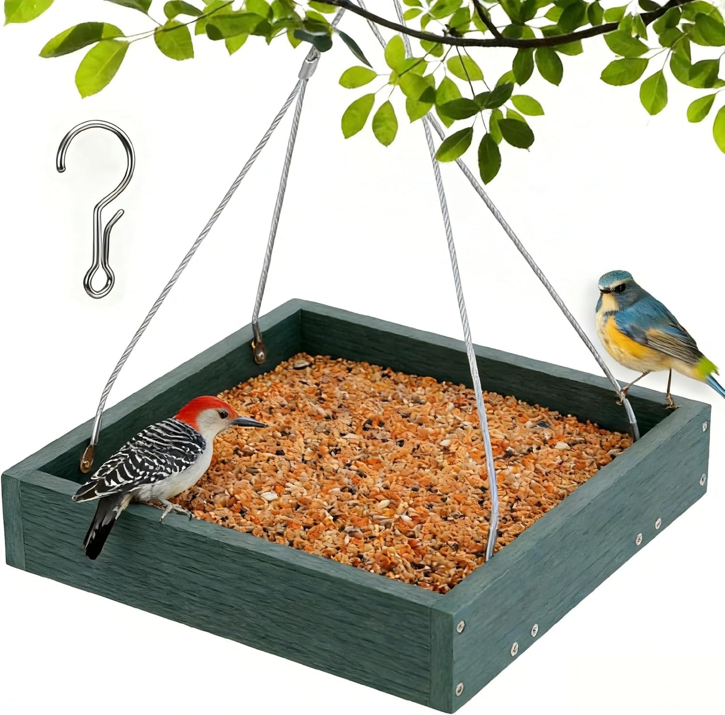Gtongoko WPC Composite Platform Bird Feeder Hanging, Large 3.5 lbs Capacity, Durable, Seed Tray Bird Feeder for Outdoors with Metal Mesh Bottom Weather-Resistant for Garden Yard, Green