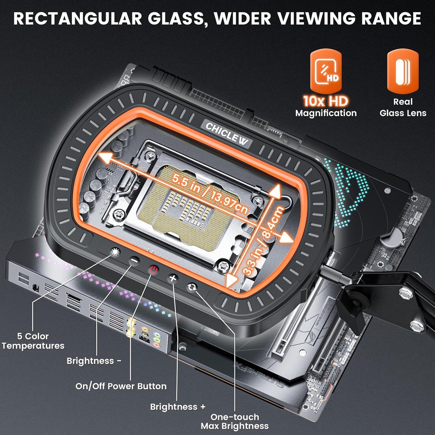 10X Rectangle Magnifying Glass with Light, 3 Arms 5 Color Modes Large Magnifying Glasses with Clamp, Lighted Desk Lamp Magnifier Hands Free for Crafts Jeweller Repair Painting Close Work Hobbies