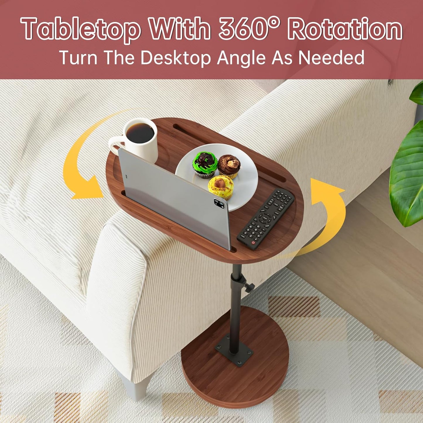 NiHome Bamboo Swivel Sofa Armrest Tray Table for Couch with Thickened Stable Base, Adjustable Height TV Tray Side Table with 360° Rotating for Bath Tub Hot Tub Bedside Balcony, Brown