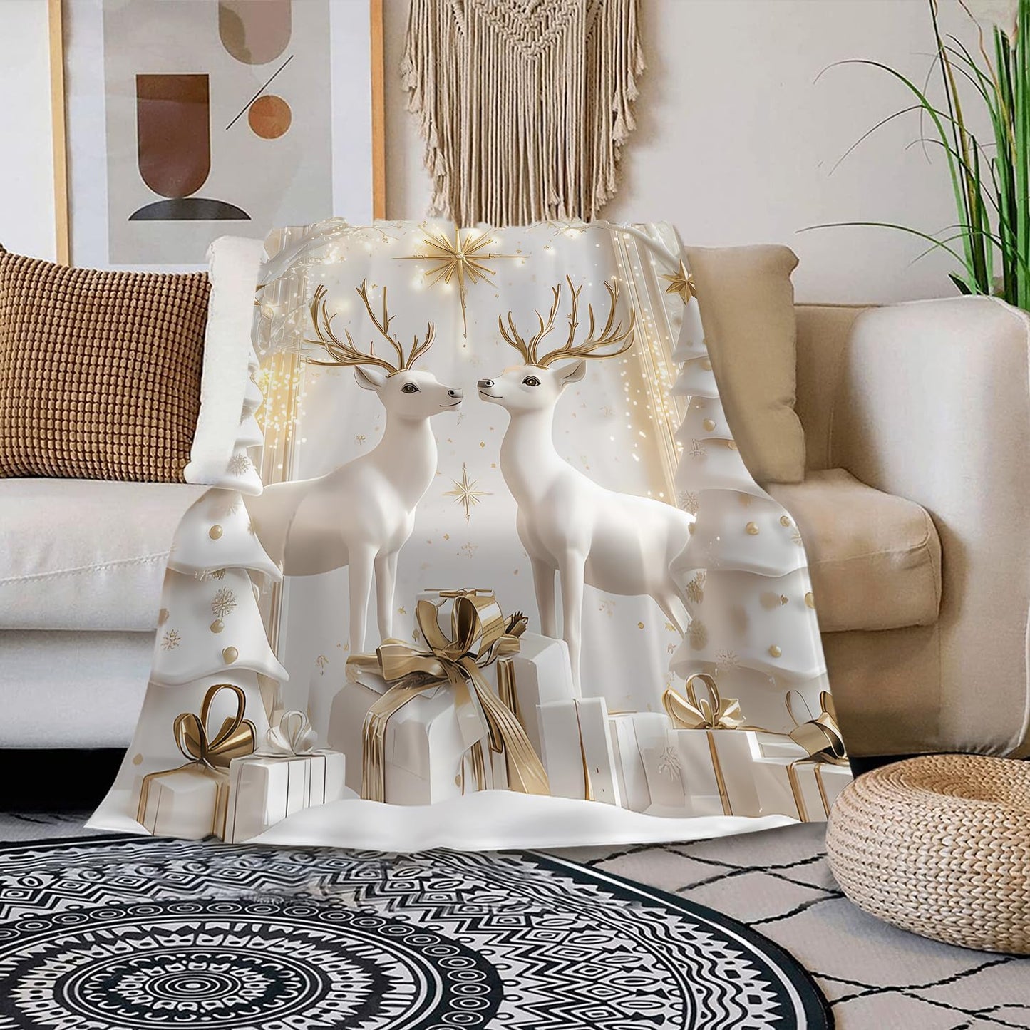 Luxury Christmas Blanket with Reindeer and Snow Scene Soft Cozy Holiday Flannel Blanket Winter Throw Blanket for Couch Sofa Bed Living Room Christmas Decor Xmas Gifts 50''x60'' (Xmas 3)