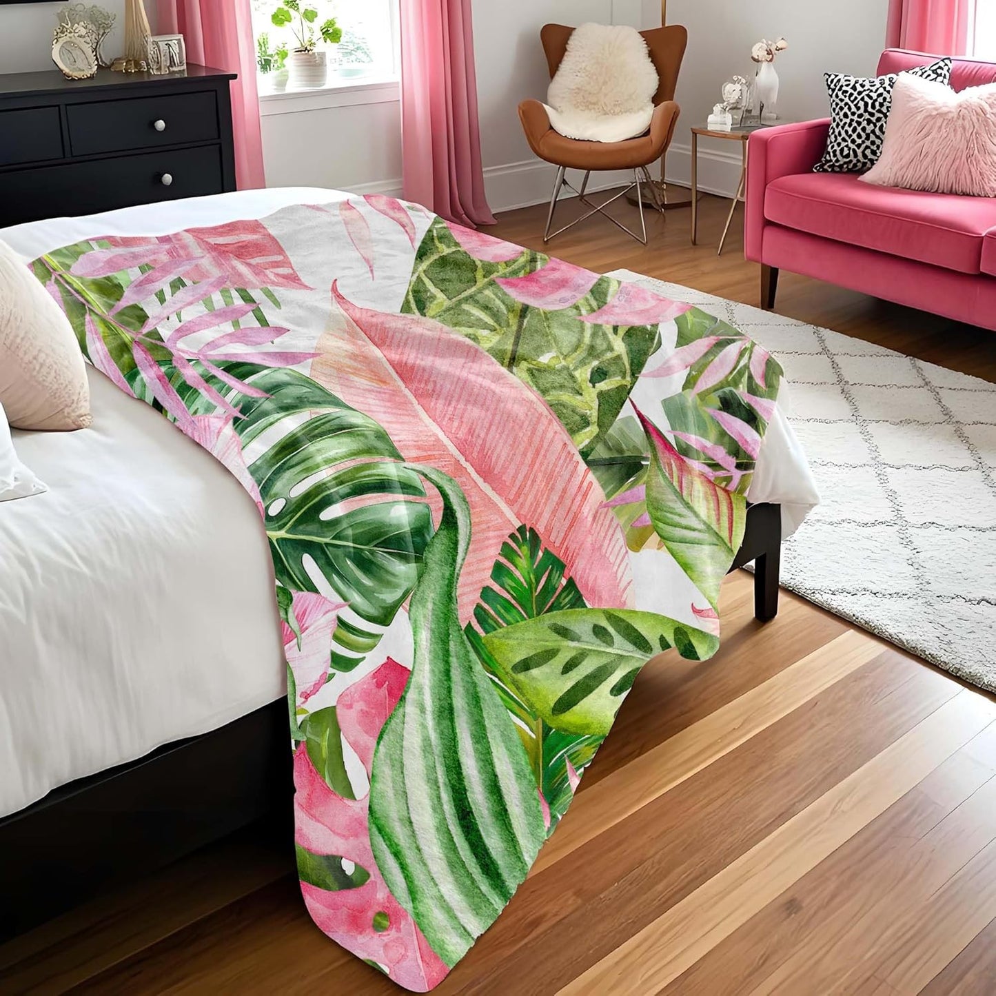 Pink and Green Tropical Palm Leaf Throw Blanket Monstera Leaves Jungle Plant Flannel Blankets for Couch Bed Living Room Sofa, Decorative Patterned Super Soft Cozy, 50x60 in
