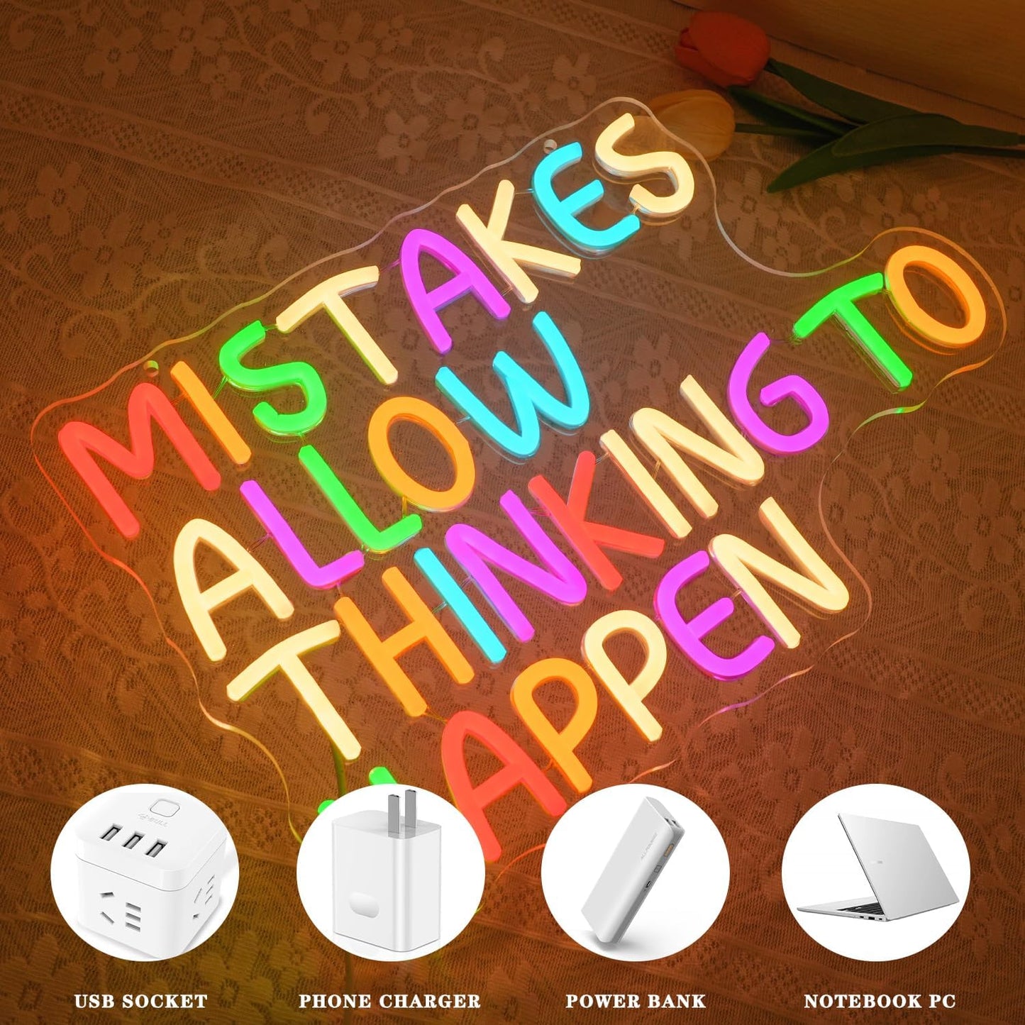 Mistakes Allow Thinking To Happen Neon Sign for Classroom Office Neon Light Colorful Letter Neon Light Sign Sayings Led Neon Lights for Office Classroom Bedroom Library Decoration