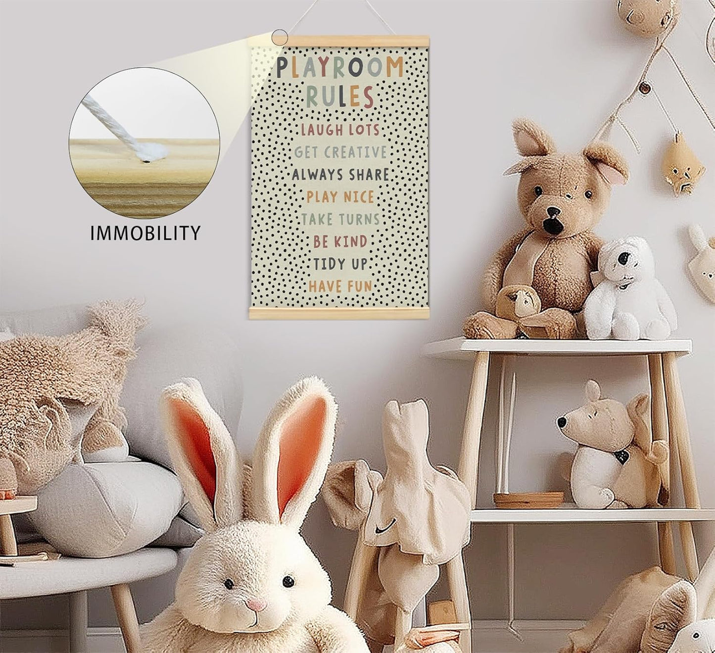 Playroom Kids Tollder Room Wall Decor, Play Room Rules Wall Decor for Kids Play Game Room Bedroom Nursery Home School Playroom Essentials, Canvas Hanging Banner Wood Poster Frameds,16x24 Inch