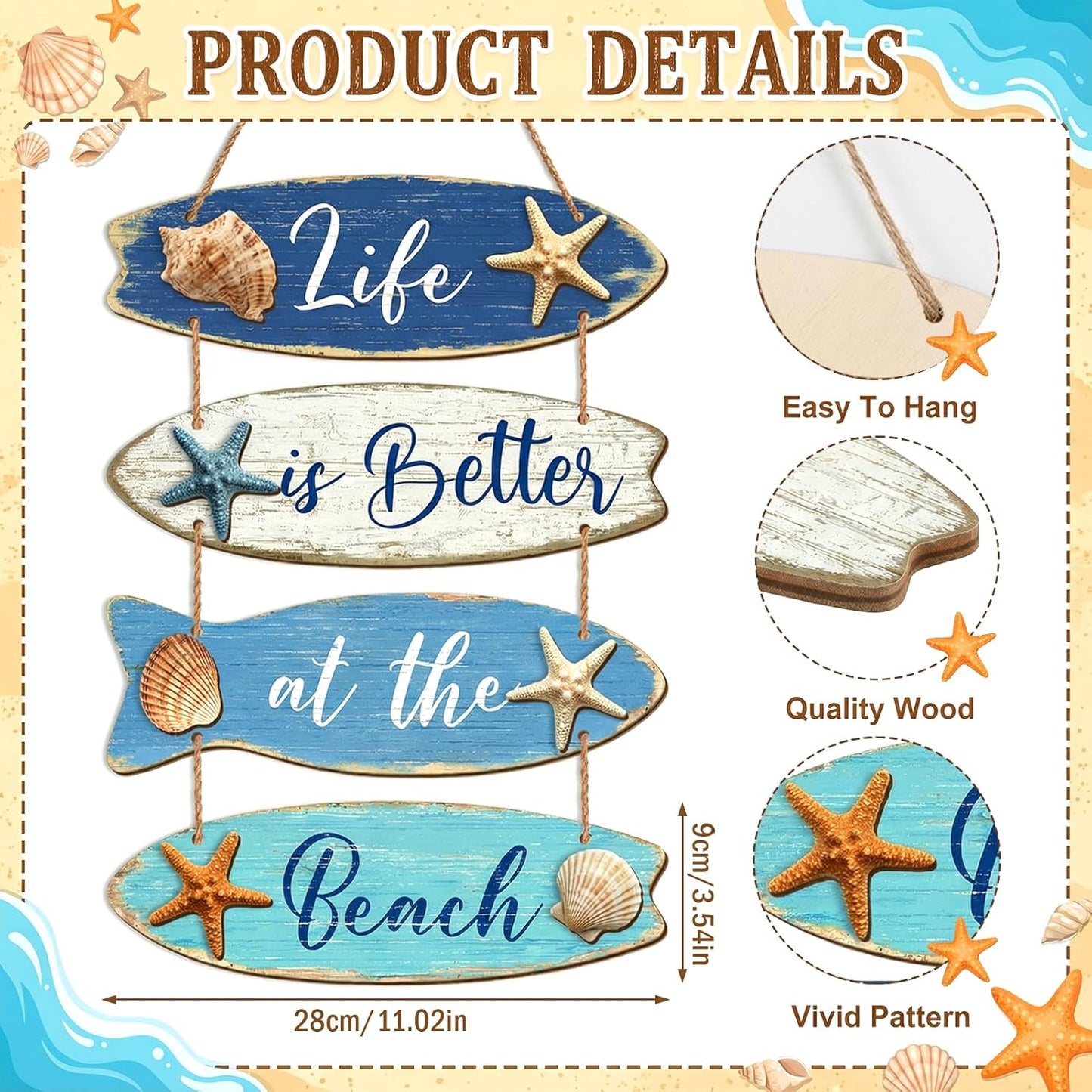 Summer Beach Wooden Wall Decor Farmhouse Coastal Bathroom Wall Art Room Decor Blue Nautical Wooden Hanging Sign Decorations for Bedroom Bathroom Office Home Signs Living Room Door Decorations