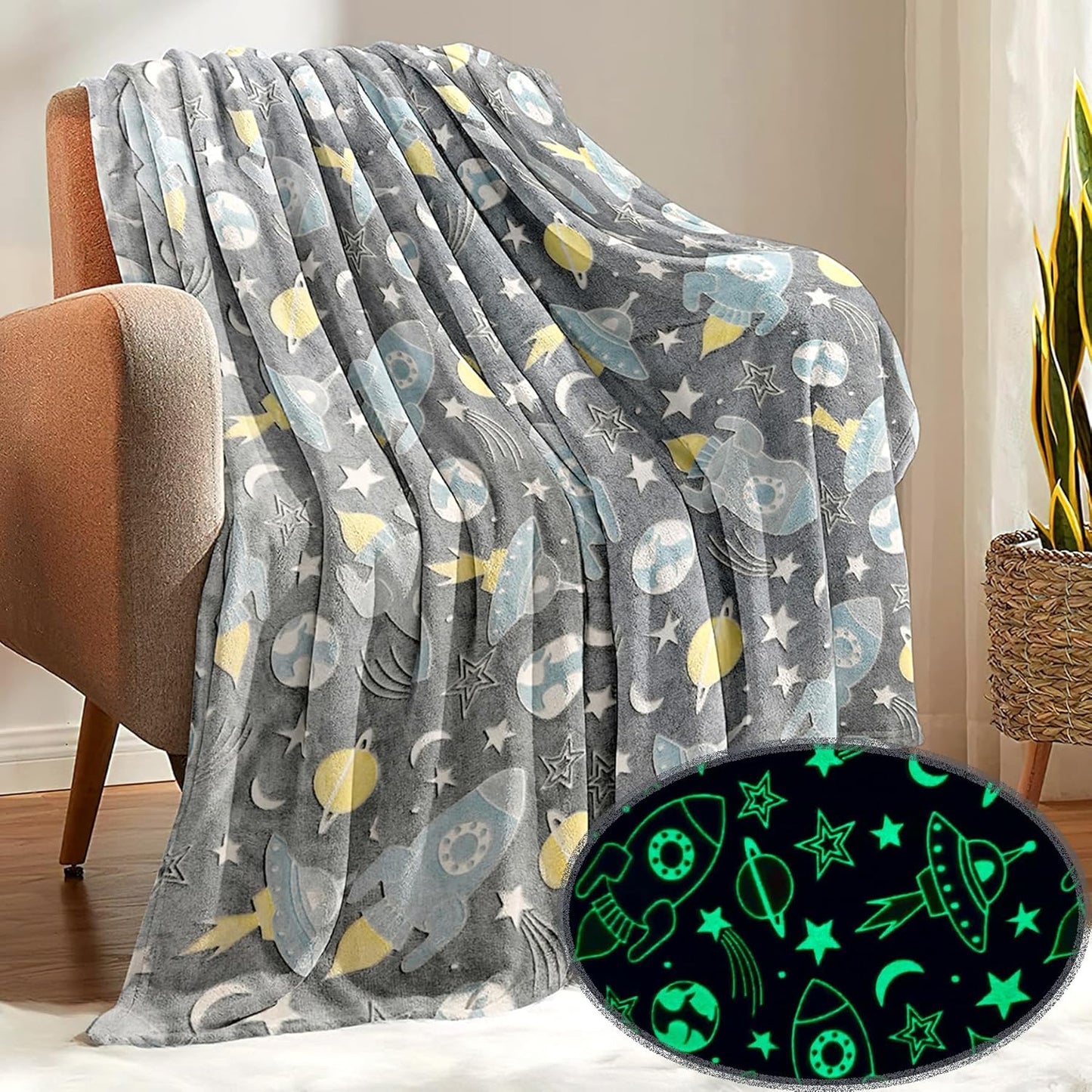 Glow in The Dark Space Blanket Glowing Rocket Spaceship Moon and Stars Throw Blankets Luminous Gifts for Kids Toddler Boys Girls Twin Size (Glow Space, 60"x 80")