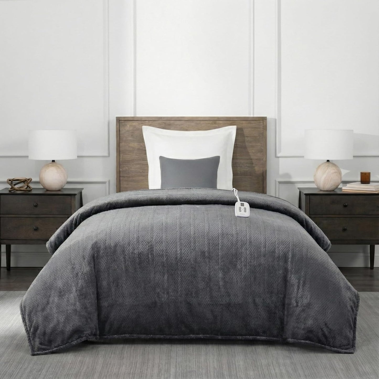 Brookstone Electric Heated Comfort Plush Herringbone Blanket w/ 10 Heat Settings - Adjustable Timer - Dryer Safe - Twin Blanket - Gray