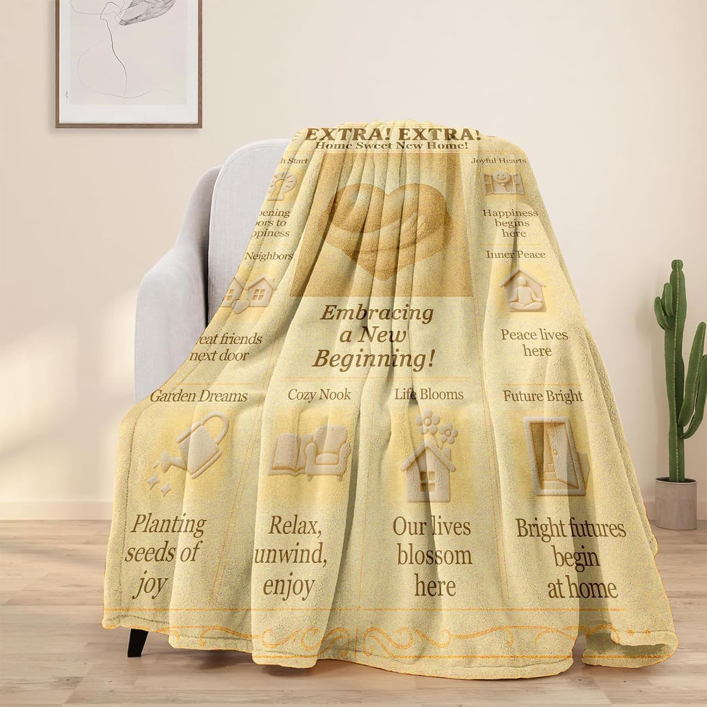 Housewarming Blanket 60x50 Soft Flannel Throw - “New Home Gazette” Vintage Newspaper Style - Neutral Cozy Decor - New Home Gift for Couple, Neighbor, Real Estate Closing