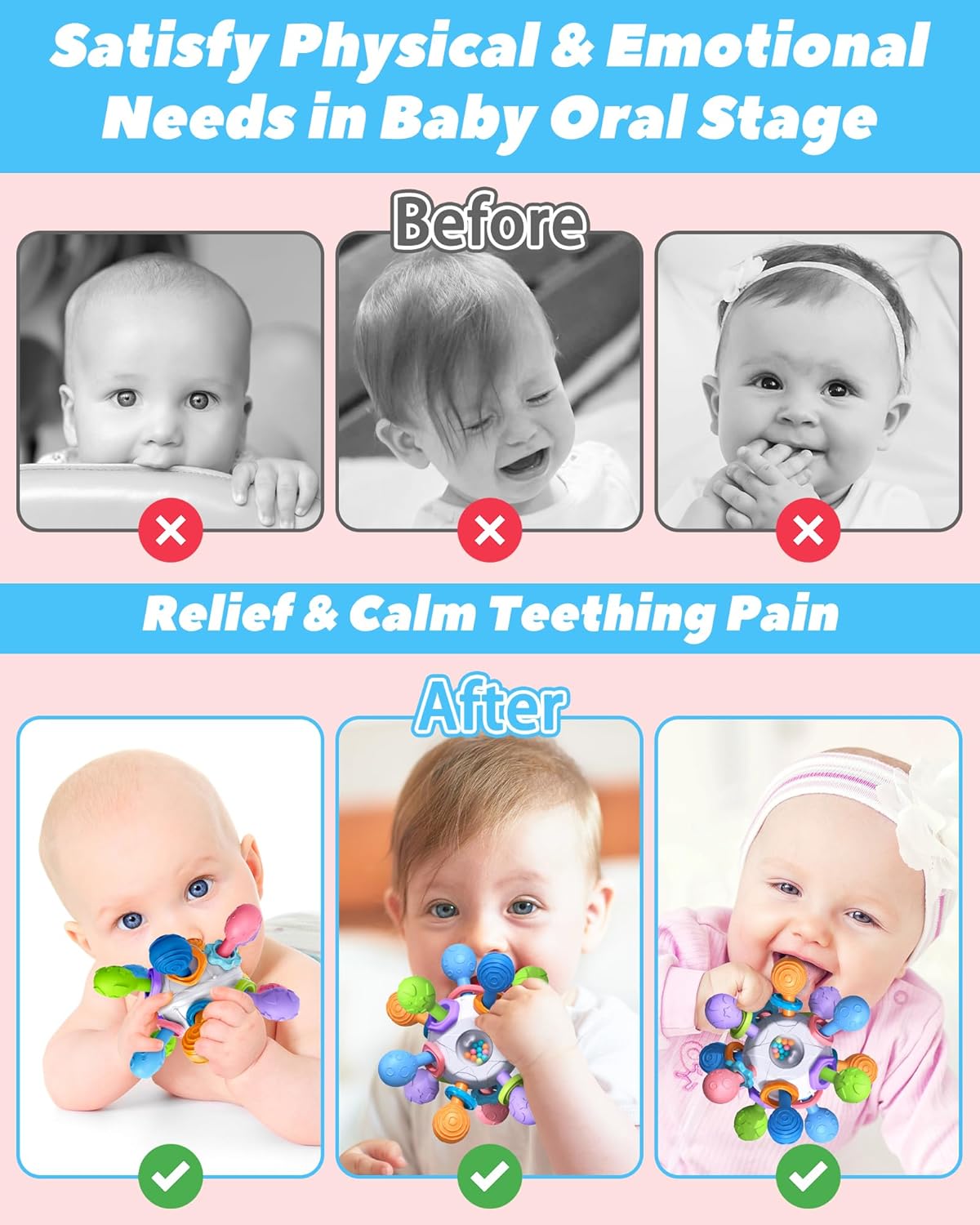 Baby Teething Toys for 0-6 6-12 Months Ages 0-2, Tummy Time Montessori Toys for Babies 0 3 6 9 12 18 Months, Newborn Infant Sensory Toys Easter Basket Stuffers Gifts for Boys Girls