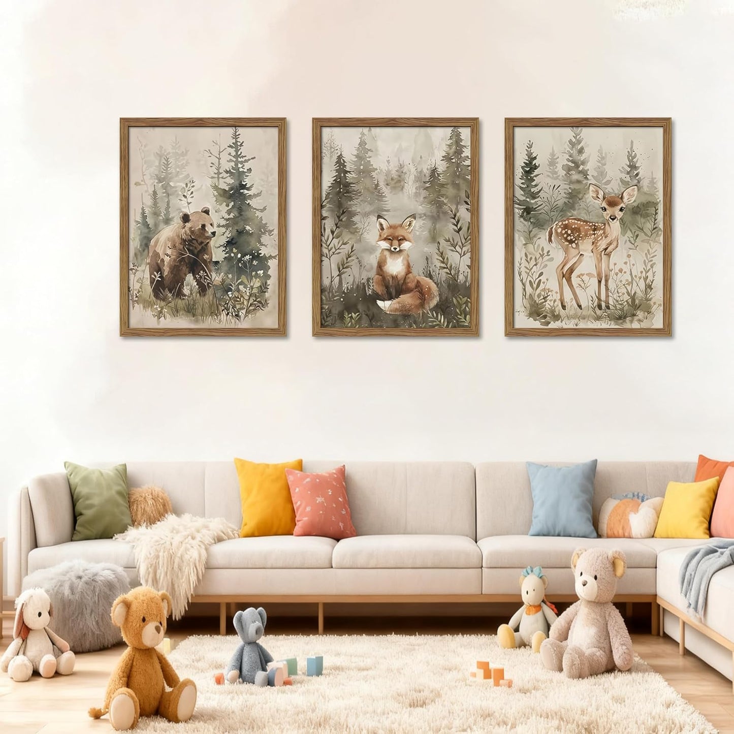 Framed Woodland Wall Art Nursery Decor Set of 3, Cute Wild Animals Bear Fox Deer Canvas Wall Art, Nature Watercolor Prints, Animal Pictures Wall Decor for Baby Room Kids Bedroom – 16x24 inch