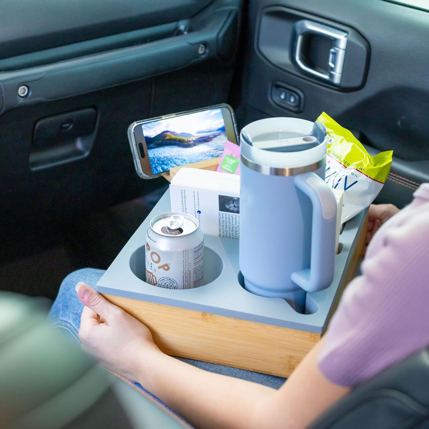 Couch Cup Holder Tray – Bamboo Sofa Armrest Organizer with Dual Cup Holders, Snack Compartments, Remote & Phone Holder, Spill-Resistant Silicone Insert, Non-Slip Base – Ideal for Couch, Bed, or Car