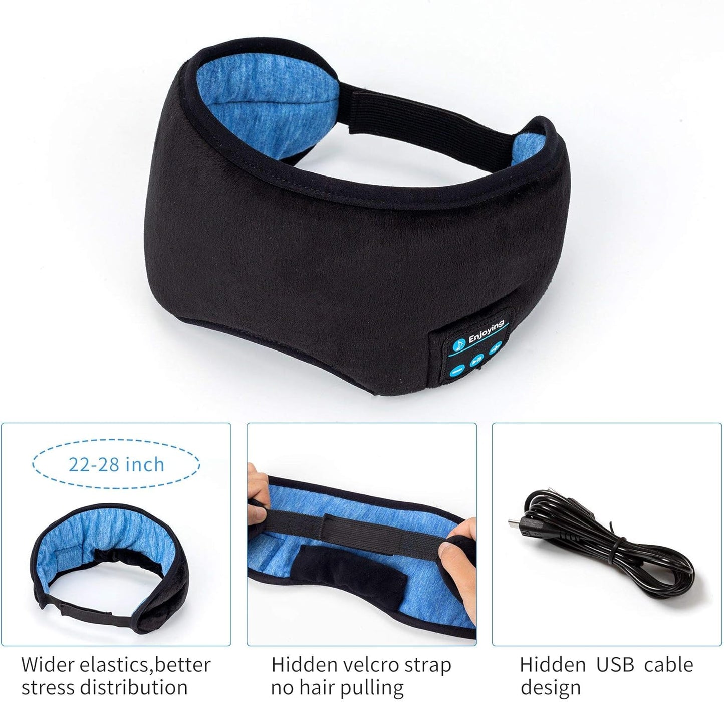 Voerou Sleep Headphones 5.2 Bluetooth Sleep Mask with Music and Ultra Thin Speakers Perfect for Sleeping, Air Travel,Meditation and Relaxation，Unique Gifts for Men Women - Black