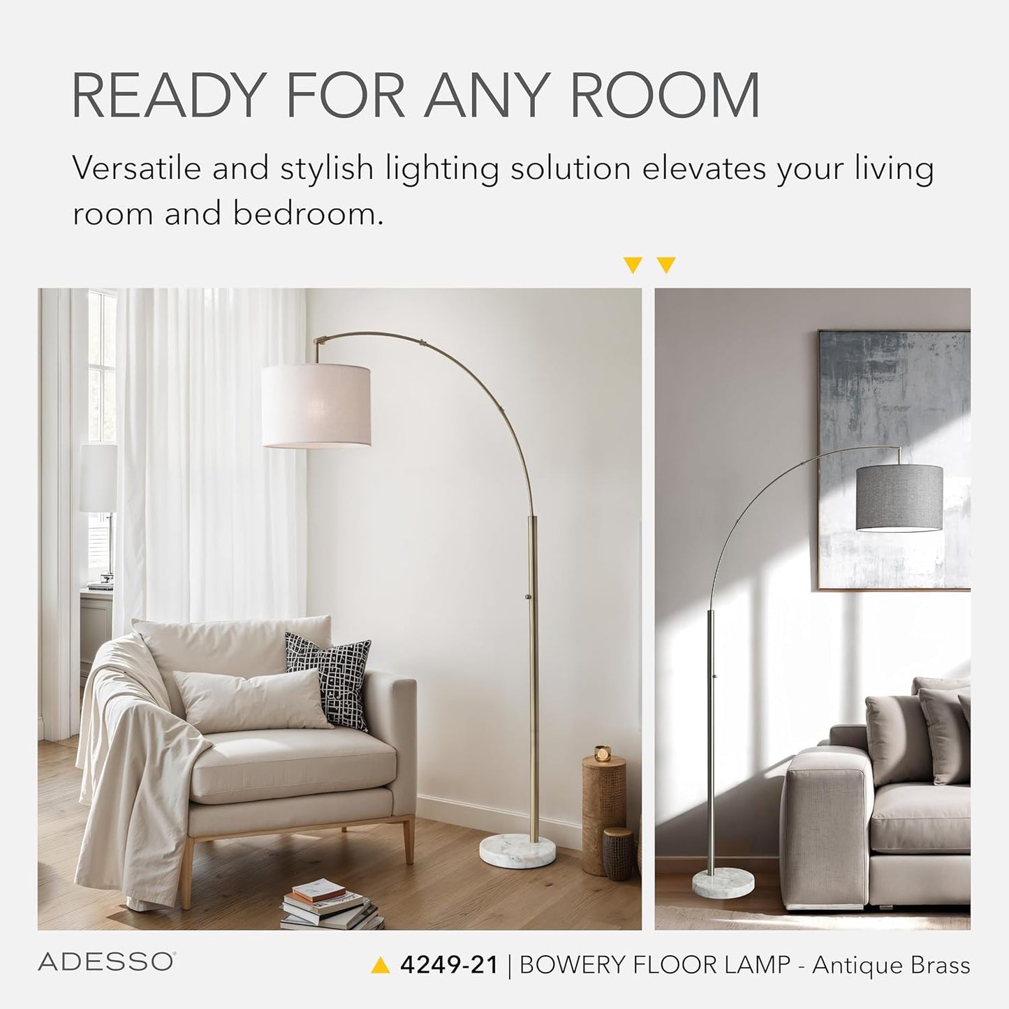 Adesso Arc Floor Lamp with Marble Base and Off-White Linen Lampshade – Adjustable Overhead Bedroom, Home Office Lighting, or Living Room Decor, 73.5” x 48”
