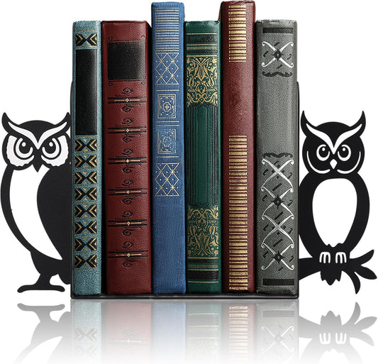Geelin Owl Bookends for Shelves Decorative Metal Book Ends Set of 2 Styles Vintage Style Black Owl Design Heavy Duty Non-Slip Book Holders for Home Library Office Decor Gift for Reading Lovers