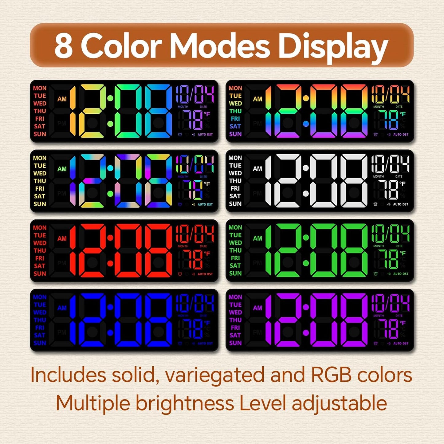 16" Digital Wall Clock with Night Light, Digital Clock with RGB Colors Changing Remote Control, Dual Alarm, Dimmer, Auto DST, Voice Control, Auto Time Sync, Clocks for Living Room, Gift for Elderly