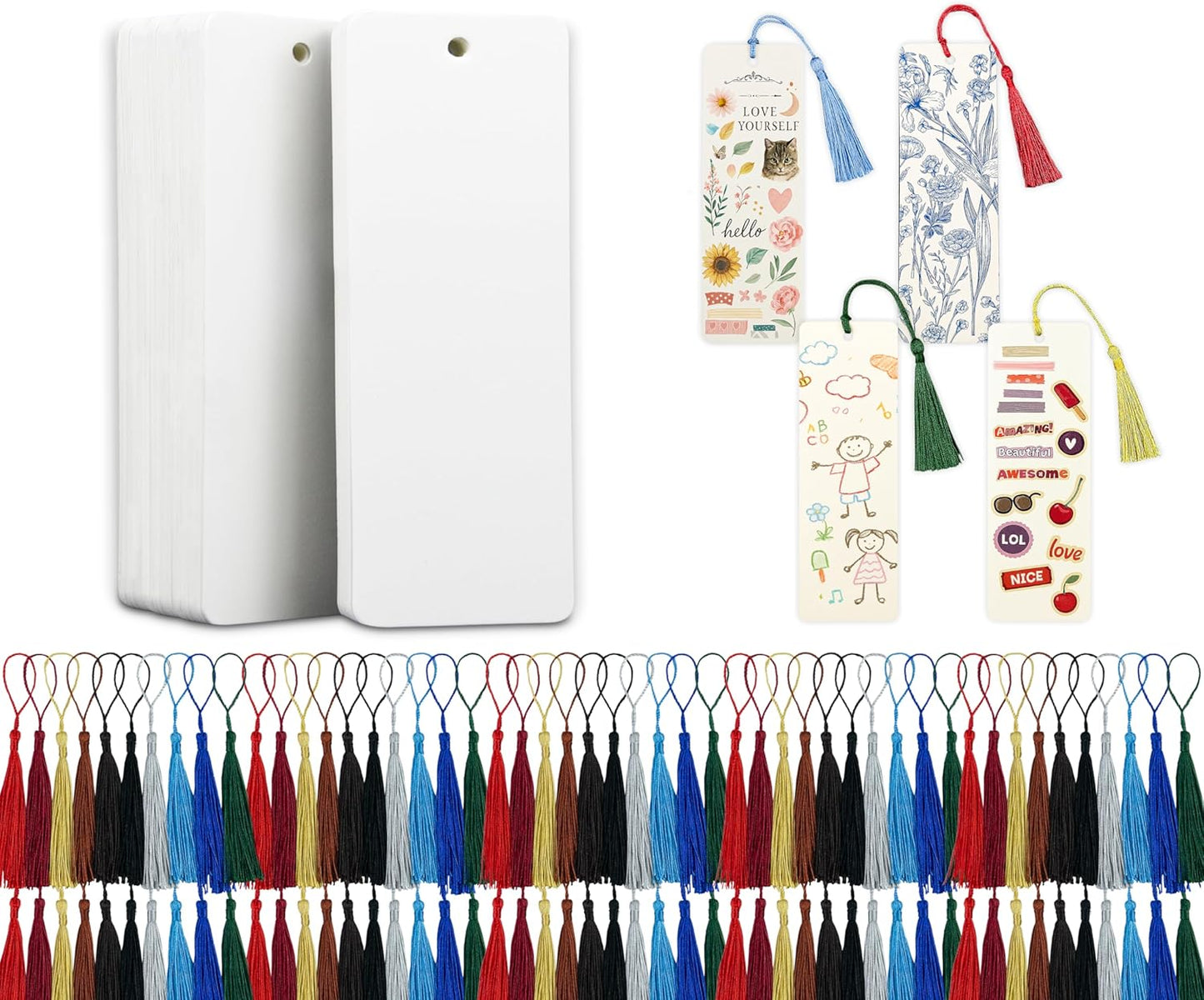 100 Paper Blank Bookmarks with Colorful Tassels – DIY Bookmark Making Kit, White Cardstock Bookmarks Bulk for Crafting, Painting & Decorating, Plain Bookmark for DIY Projects, Gifts & Watercolor Art