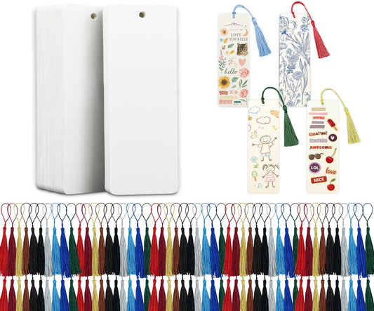 100 Paper Blank Bookmarks with Colorful Tassels – DIY Bookmark Making Kit, White Cardstock Bookmarks Bulk for Crafting, Painting & Decorating, Plain Bookmark for DIY Projects, Gifts & Watercolor Art