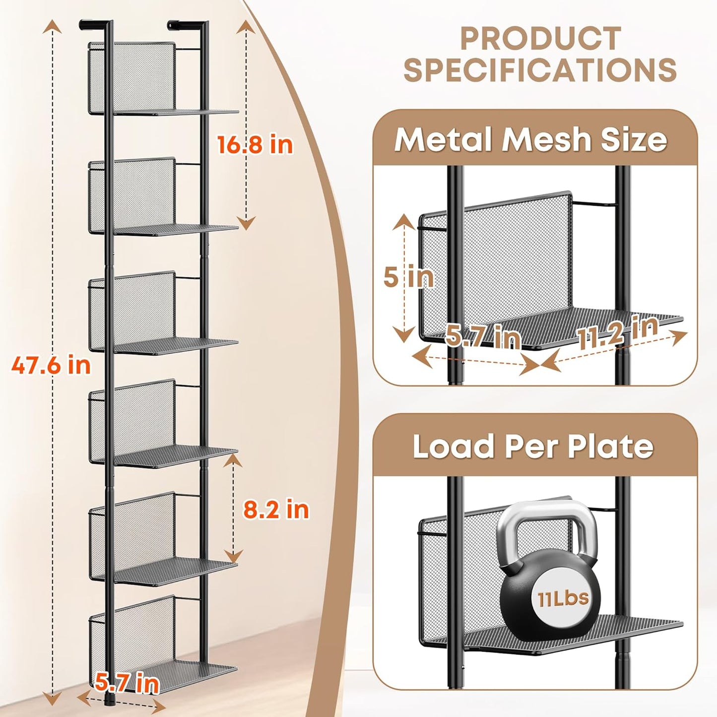 Docnest Industrial Wall-Mounted Ladder Shelf - 6-Tier Metal Bookshelf Organizer, 47.6 Inch Modern Floating Shelves for Plants, Books & Home Decor, Black Industrial Storage Shelving