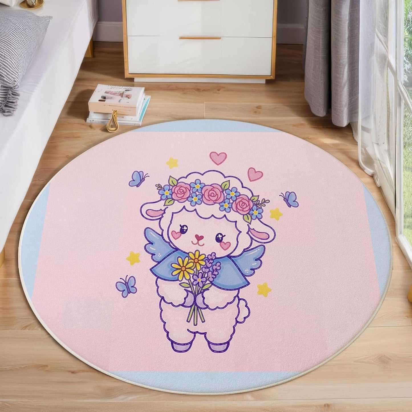 Cute Flowers Lamb Round Rugs 6Ft, Cartoon Animal Round Living Room Area Rug, Washable Large Soft Circle Rug for Bedroom, Non Slip Ultra Thin Floor Carpet for Dining Room, Pink