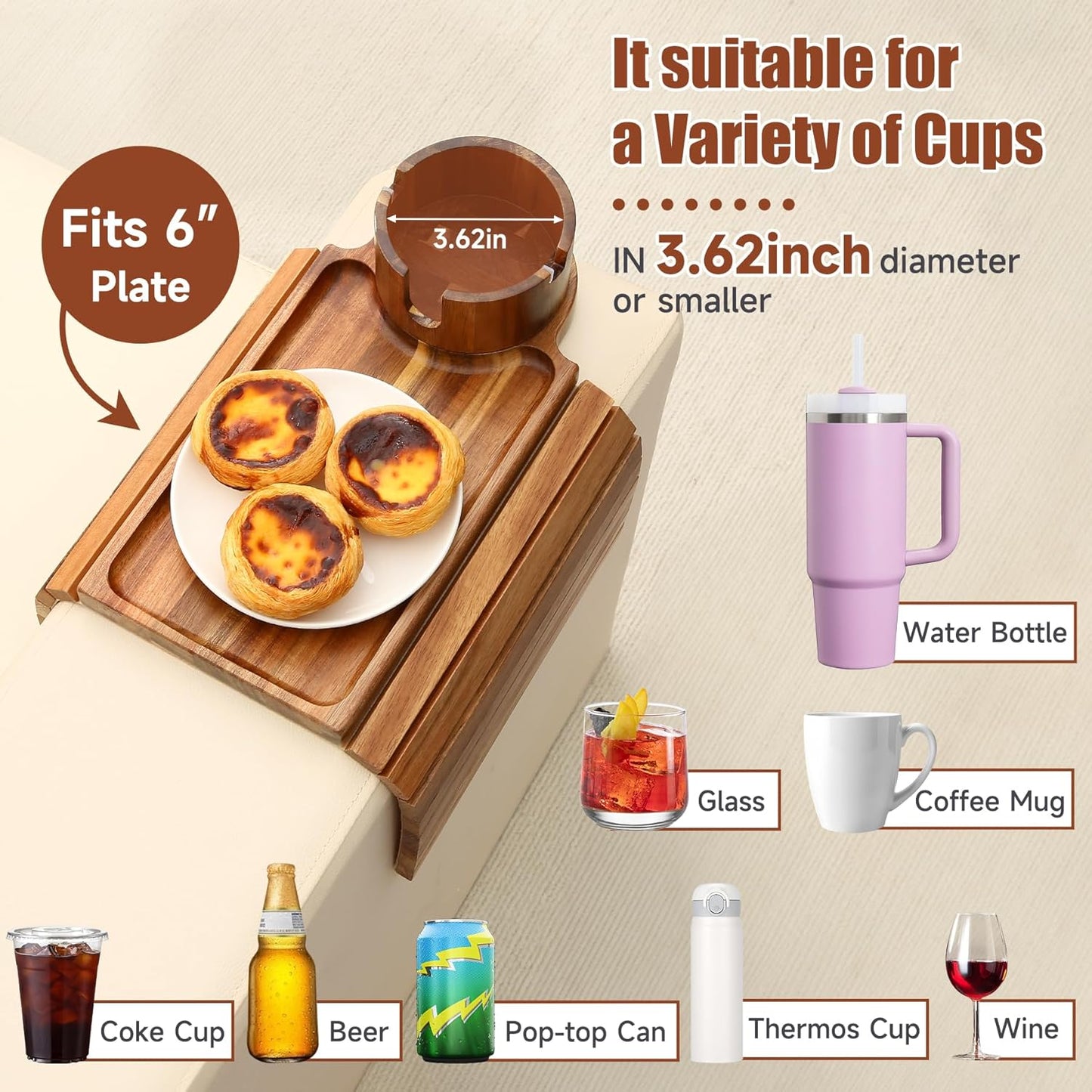 SINWANT Couch Cup Holder Tray,Acacia Wood Sofa Arm Clip on Tray Table with 360° Rotation Cup Holder,Foldable Anti-Slip Couch Armrest Table for Coffee Mug,Water Bottles,Snacks,Remote on Large Armrest