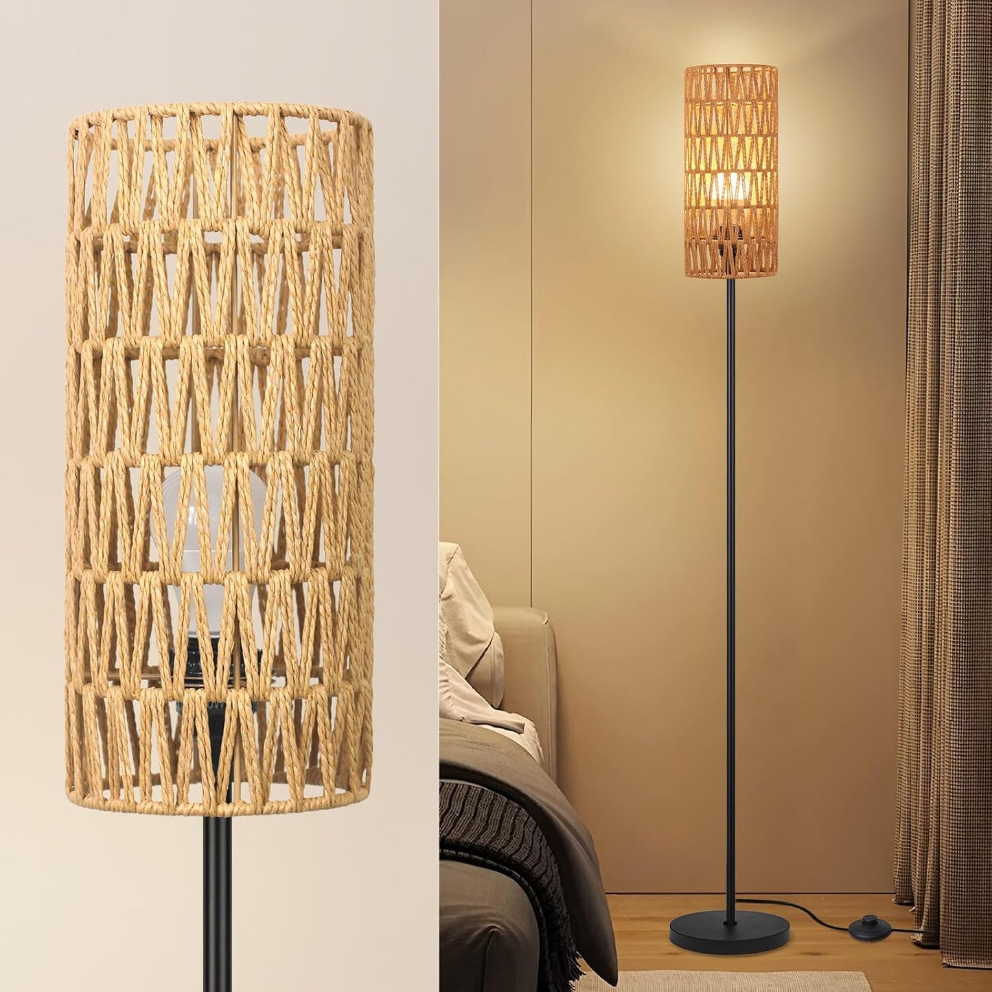 Floor Lamp for Living Room,Farmhouse Rattan Floor lamp,Modern Standing lamp with Hand-Worked Rattan Shade,Black Tall Lamp with Foot Switch for Bedroom,Kids Room,Office,LED Bulb is Included.
