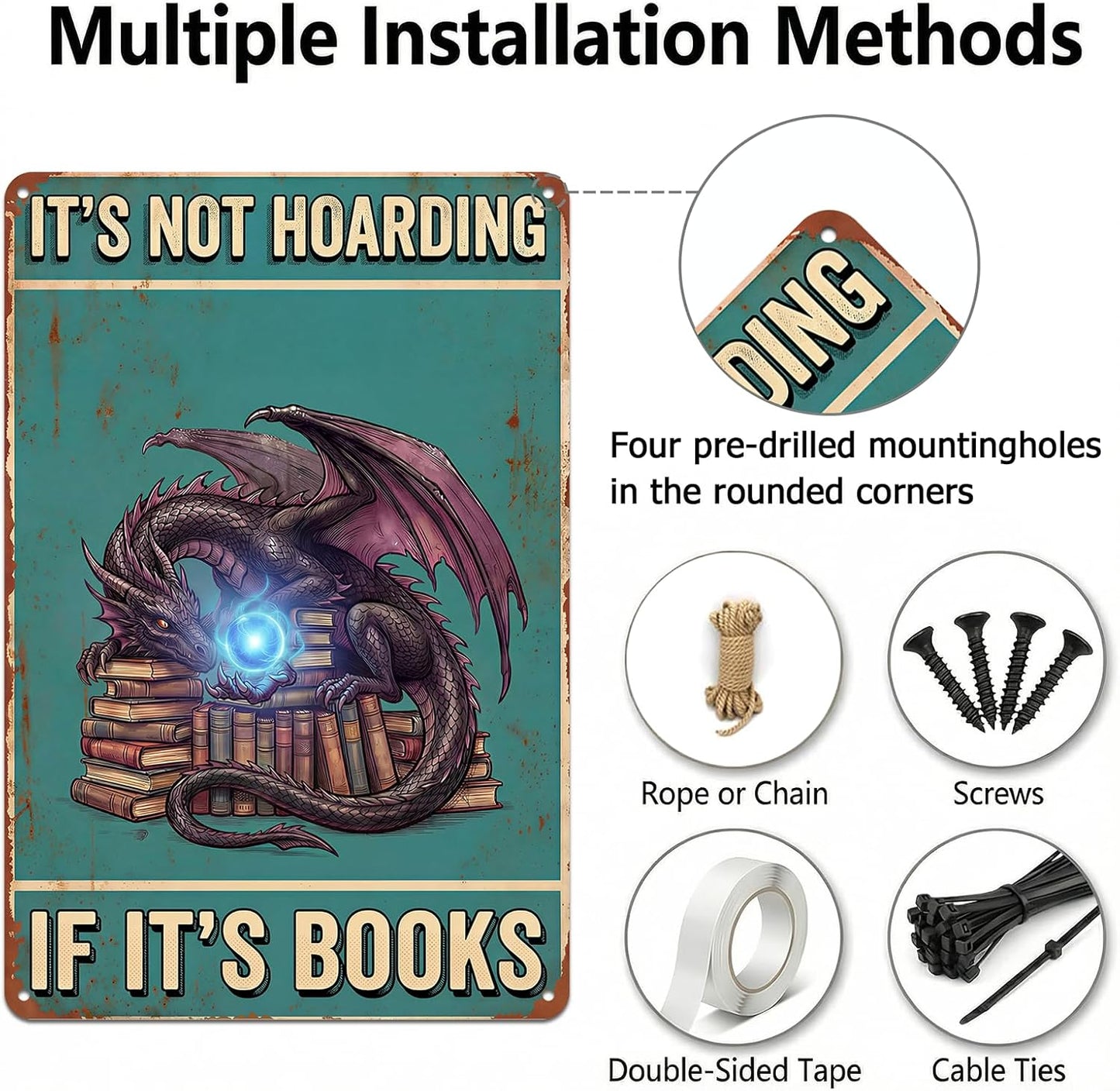 Vintage Dragon Metal Sign It's Not Hoarding If It's Books Funny Book Lover Gifts for Women Men Library Decor Reading Room Bookshelf Aluminum Wall 8x12 Inch