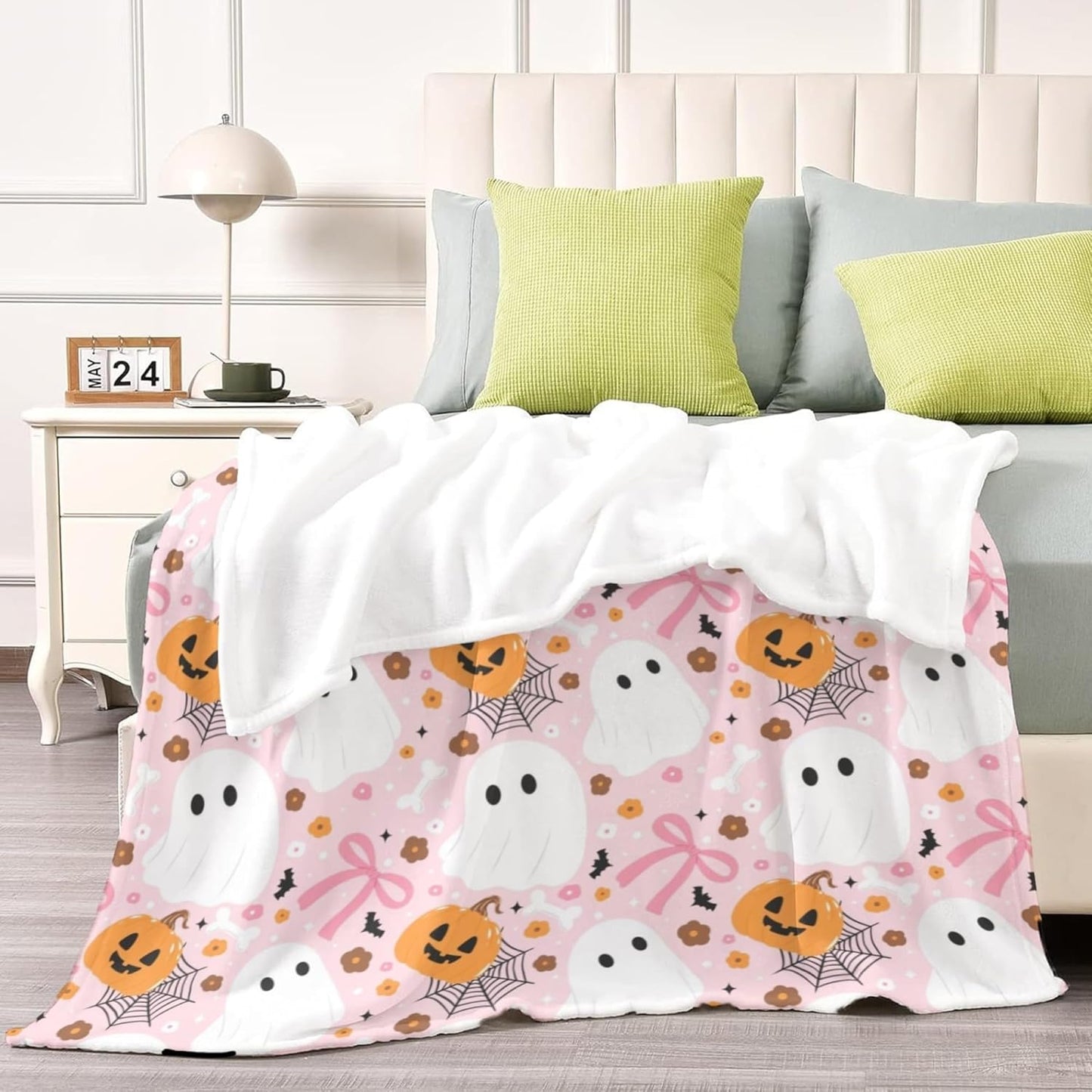 Halloween Pink Bow Ghost Throw Blanket,Halloween Flannel Blankets Throw,Soft Cozy Throw Blanket for Sofa Bed Living Room Holiday Party Decor,Throw Blankets for Women, Adults（50"x60"）