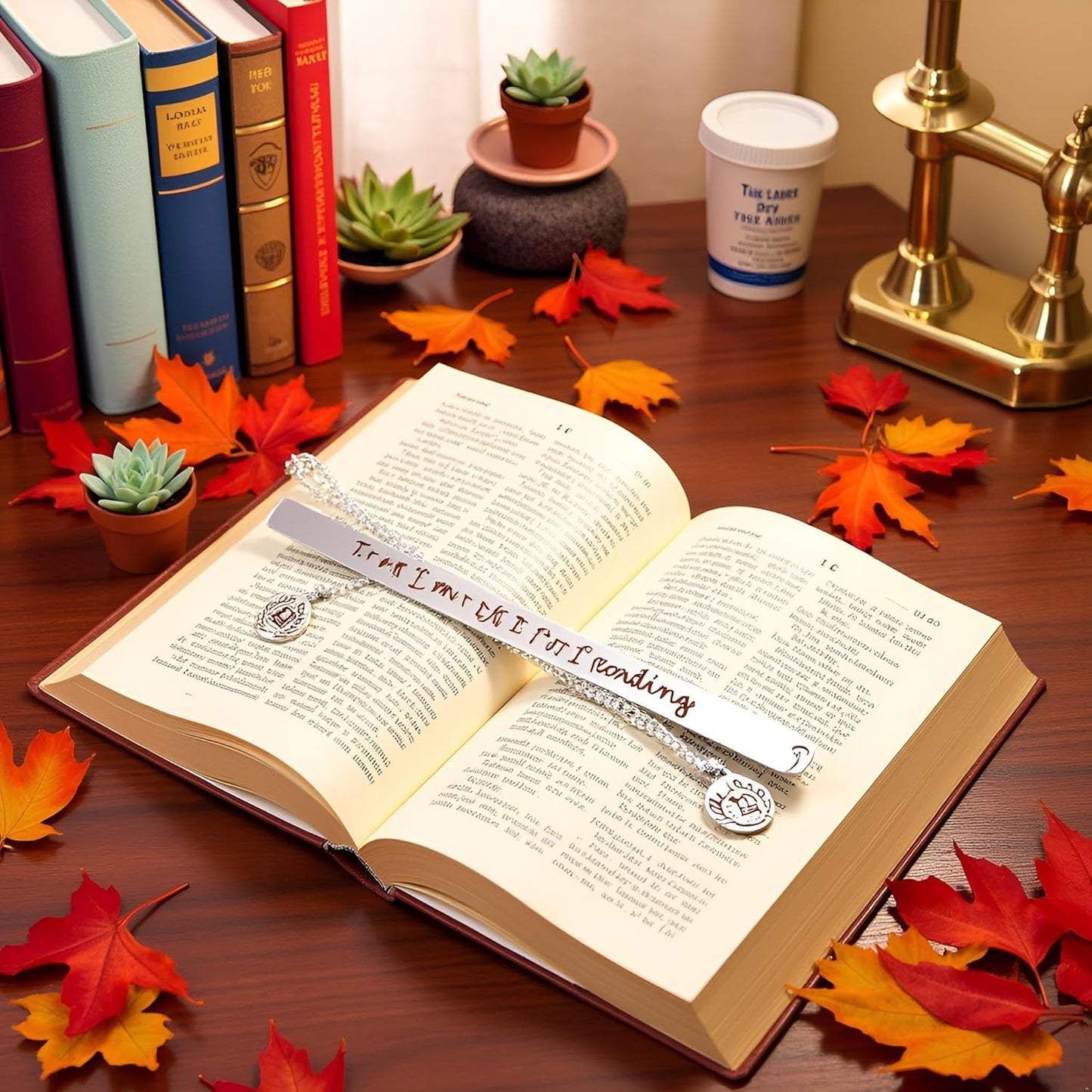 Silver Stainless Steel Leaf Pendant Book Mark,Funny Inspirational Bookmark for Book Lovers Reader Gifts,2024 New Metal Bookmark Gift,Engraved Off I am Reading,Book Covers and Book Accessories
