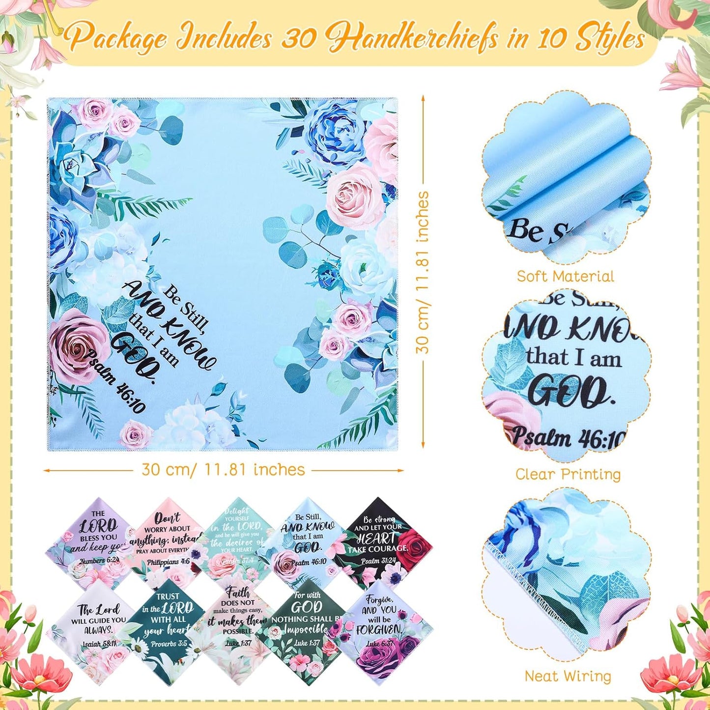 Kinlop 30 Pcs Christian Handkerchief for Women Prayer Handkerchief Christian Gift Bulk Ladies Floral Hankies Inspirational Scripture Bible Verse Religious Church Gift for Mom Sister Friend Teacher