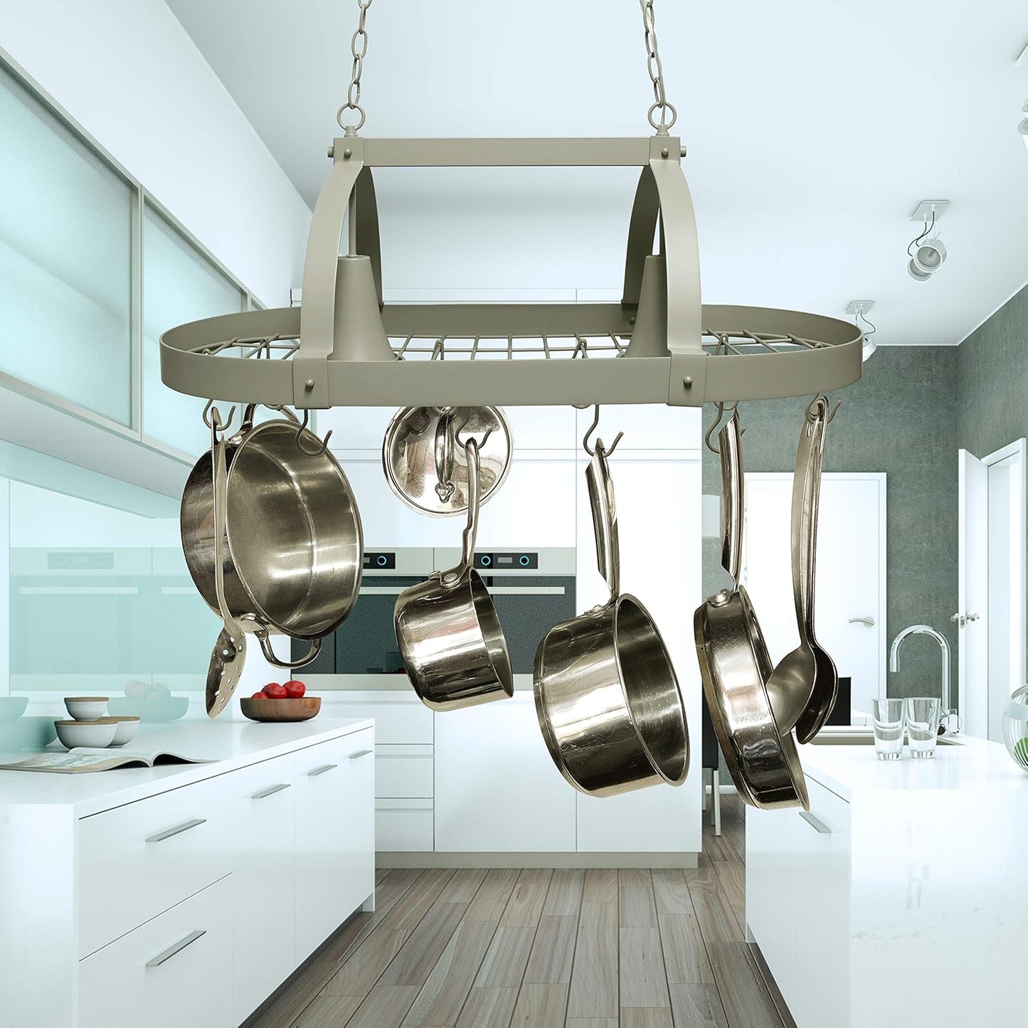 Elegant Designs PR1000-SLT Home Collection 2 Light Kitchen Pot Rack with Downlights, Slate Gray
