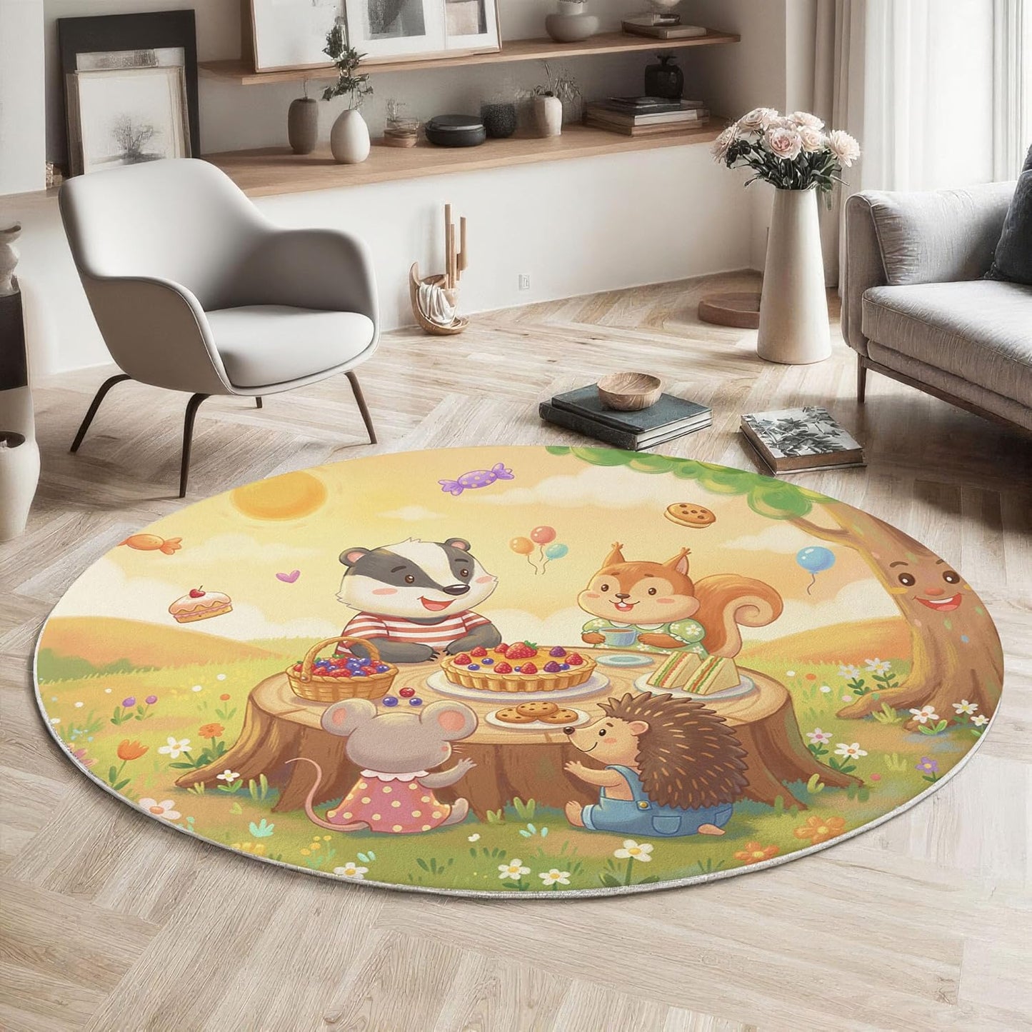 2Ft Round Washable Rug - Large Area Rug for Living Room Dining Room, Yellow Soft Bedroom Carpet with Cute Animals Party Pattern, Cartoon Illustration Décor, Low Pile Stain Resistant