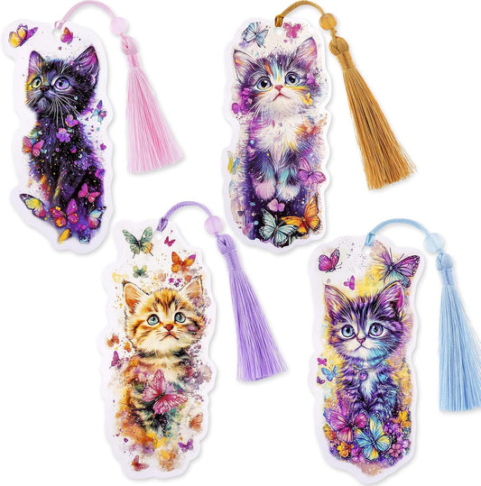 Cute Cat Bookmarks Gifts - 4 Pcs Cartoon Cats Butterflies Bookmark with Tassels Stained Glass Book Marks Gift Office Home Supplies for Women Kids Reading Lovers Writers Teacher Students Reader