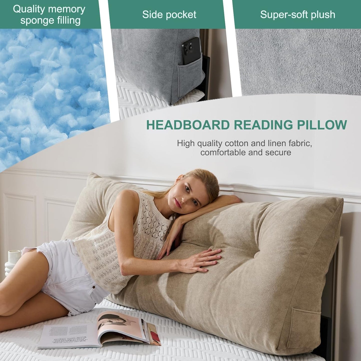 Lukace Premium Wedge Pillow Headboard with Removable Cover - Triangular Reading Support Backrest for Bed with Side Pockets, Perfect for Reading & TV (Beige Twin Size, 39x8x20 Inches)