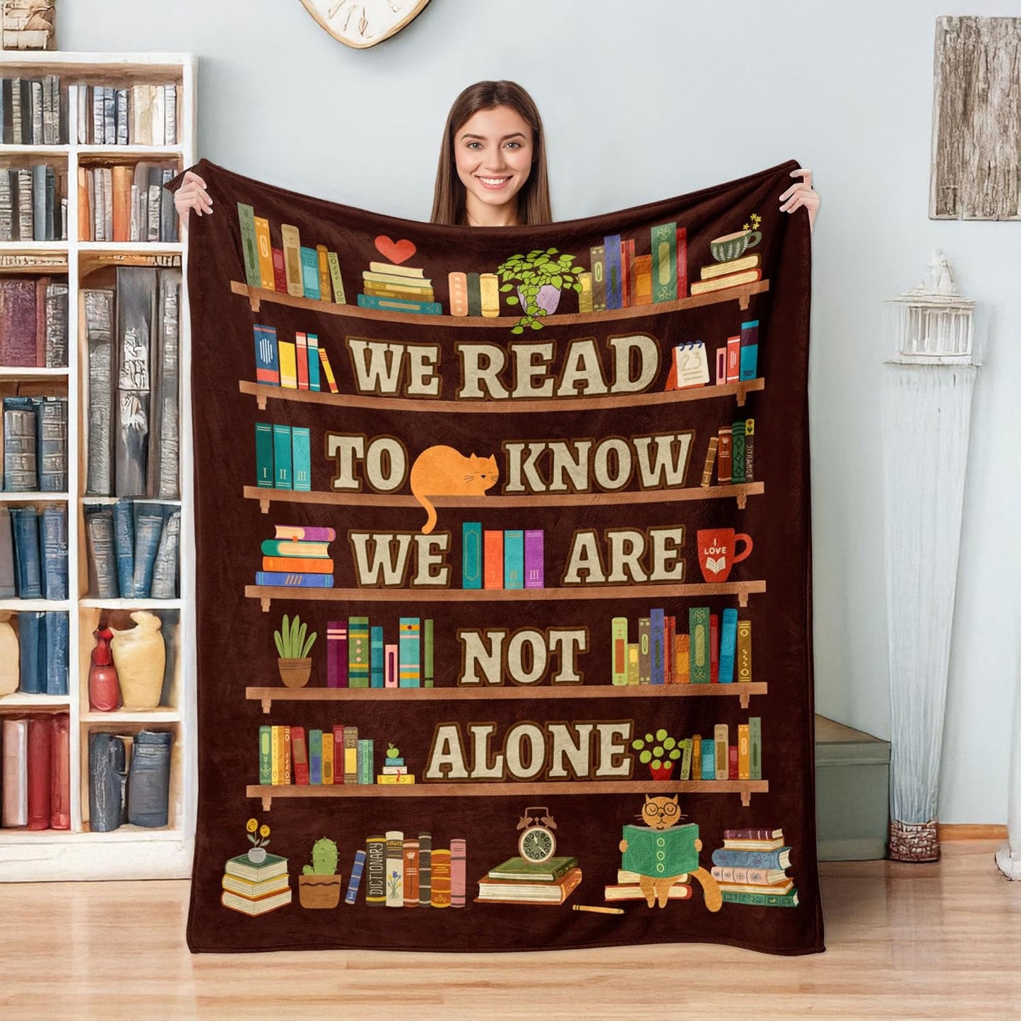 Decorative Reading Throw Blanket, Fuzzy Soft Cozy Flannel Blanket for Home Bed Sofa Couch, Motivational Bookshelf Design, 50x60 Inch