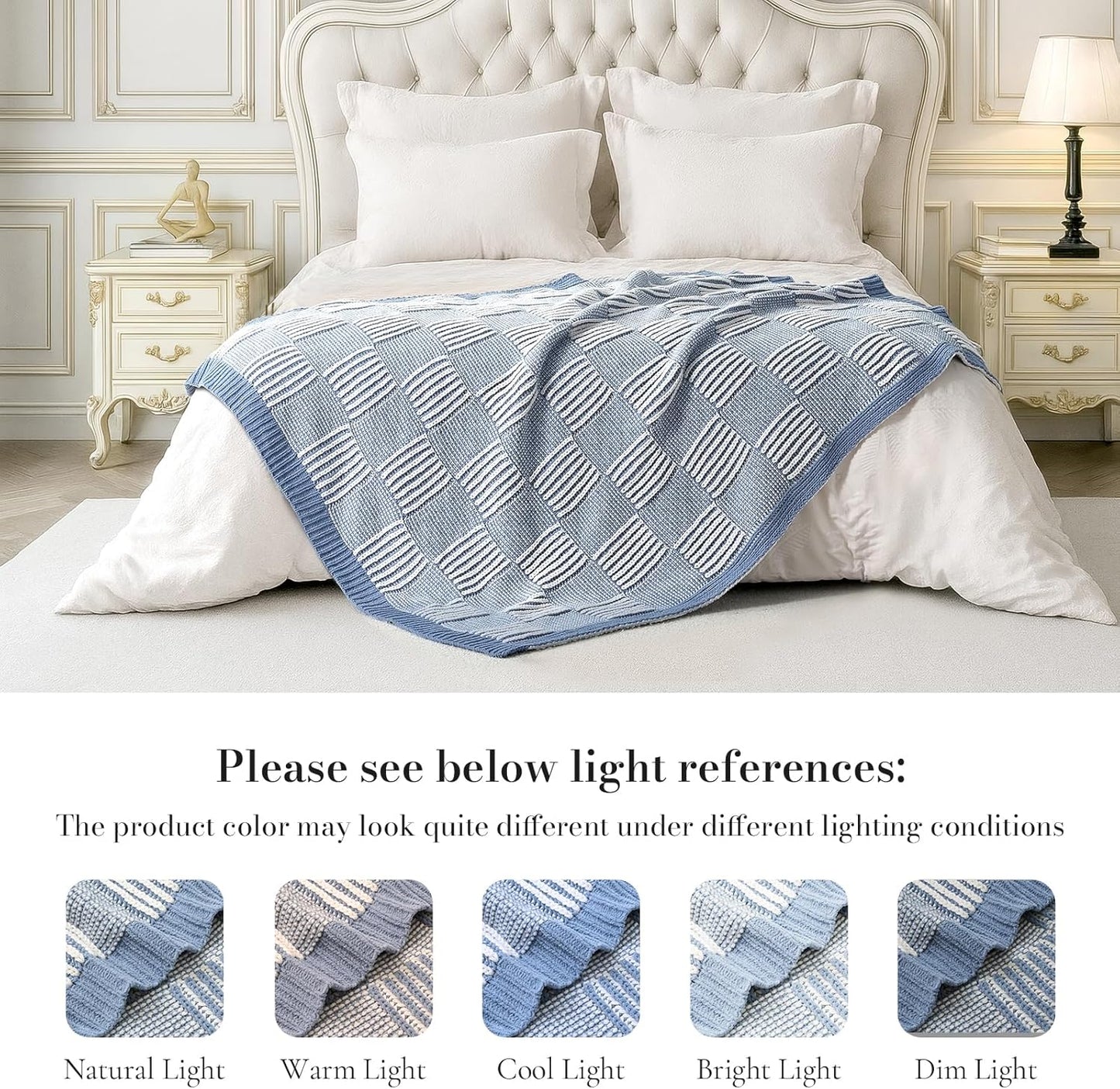 Amélie Home Checkered Knit Throw Blanket for Couch, Chenille Texture Decorative Soft Blanket for Sofa & Chair, 60"x80", Blue & Ivory