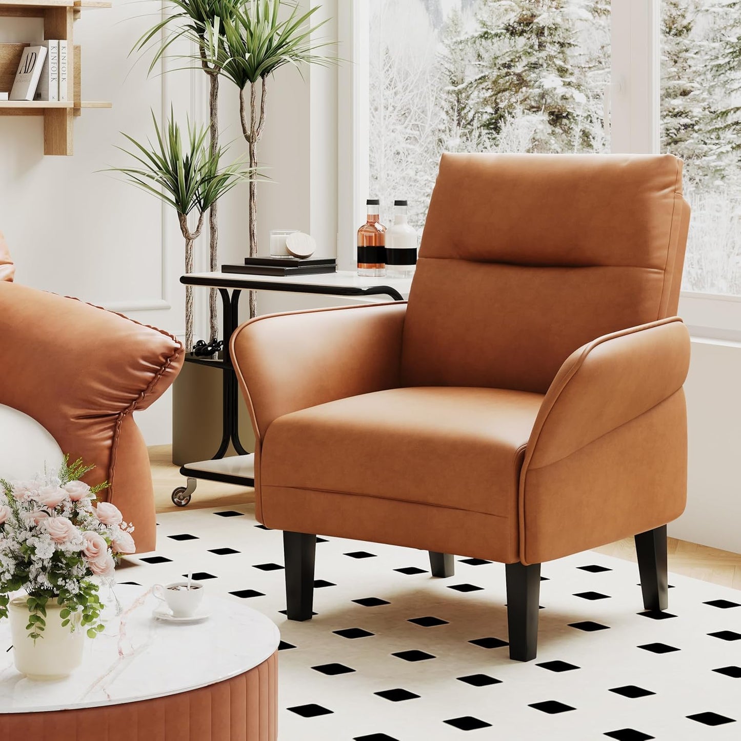 Aklaus Morden Accent Chair with PU Leather Armrest,Upholstered Chairs Lounge Faux Leather Reading Chairs Side Sitting Farmhouse Mid Century Chair for Living Room, Bedroom, Balcony Brown