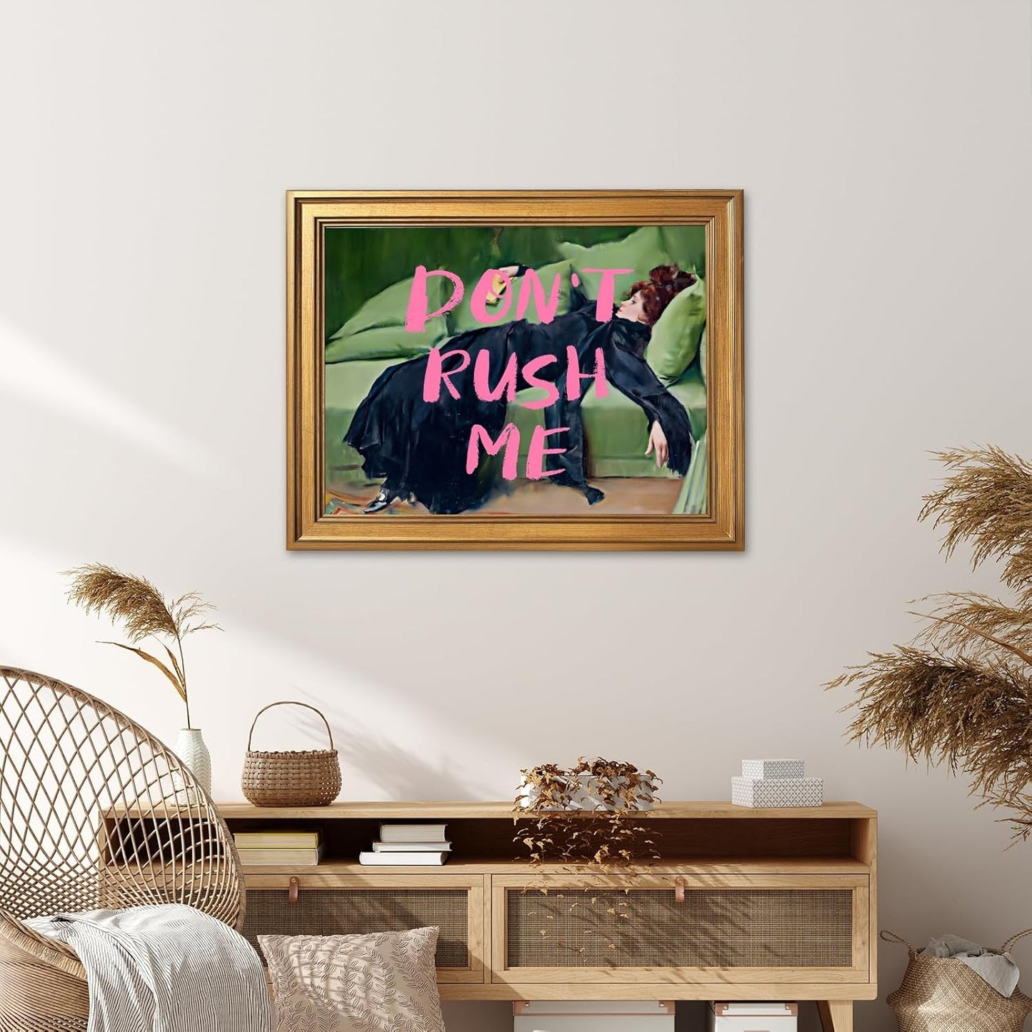 Large Framed Don't Rush Me Wall Art Vintage Altered Portrait Feminist Poster Pink Graffiti Funny Motivational Quote Canvas Painting Victoria Woman Print for Girly Bedroom Home Decor 24x36inch
