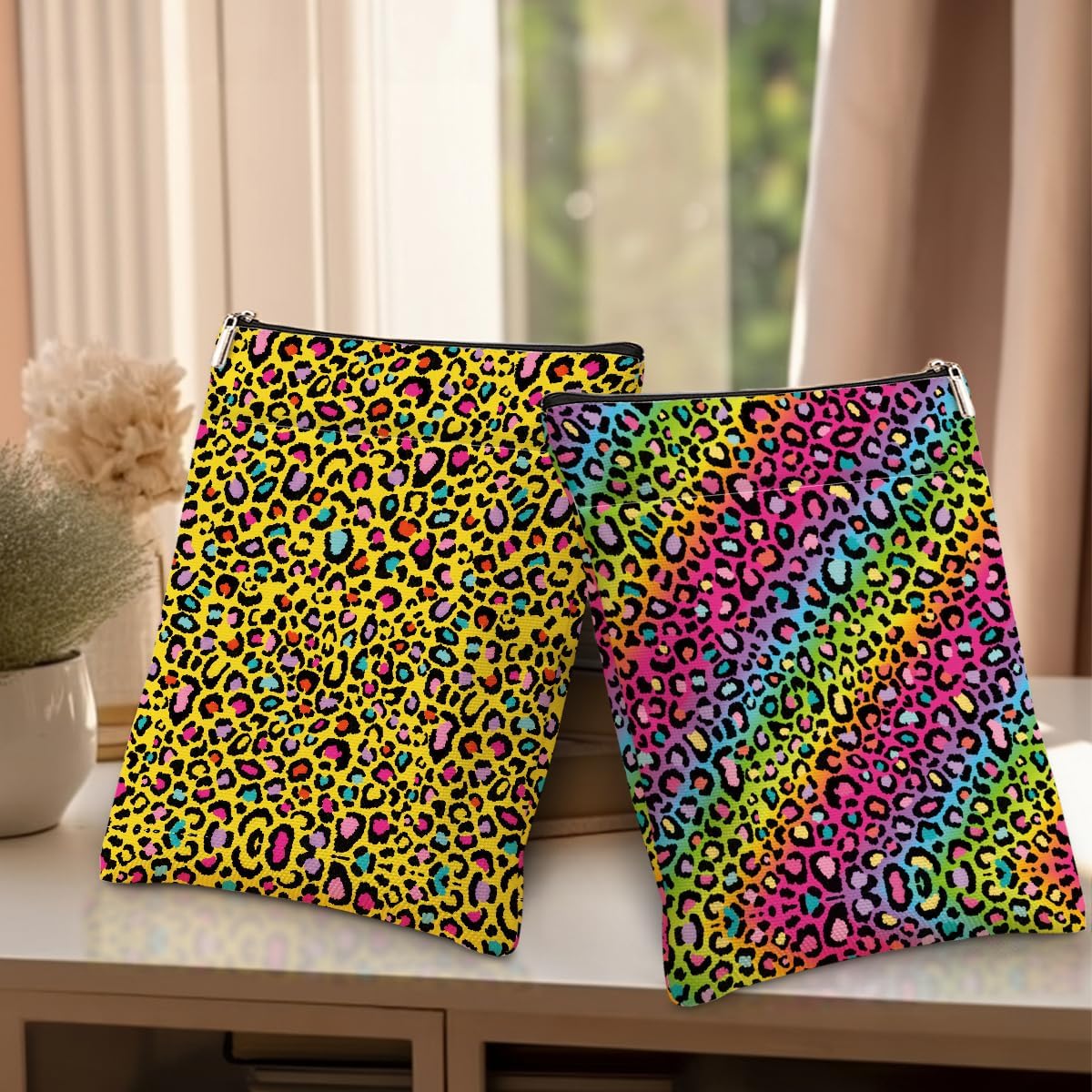 2 Pack Rainbow Leopard Print Book Sleeve, Books Protector，Books Pouch， Book Lovers Gifts，Bookish Gifts Waterproof Cover with Zipper，Leopard Decor Gift Bag for Women Sister Birthday Appreciation
